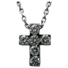 Vintage Van Cleef & Arpels Mini Cross Diamond 18k White Gold Pendant Necklace