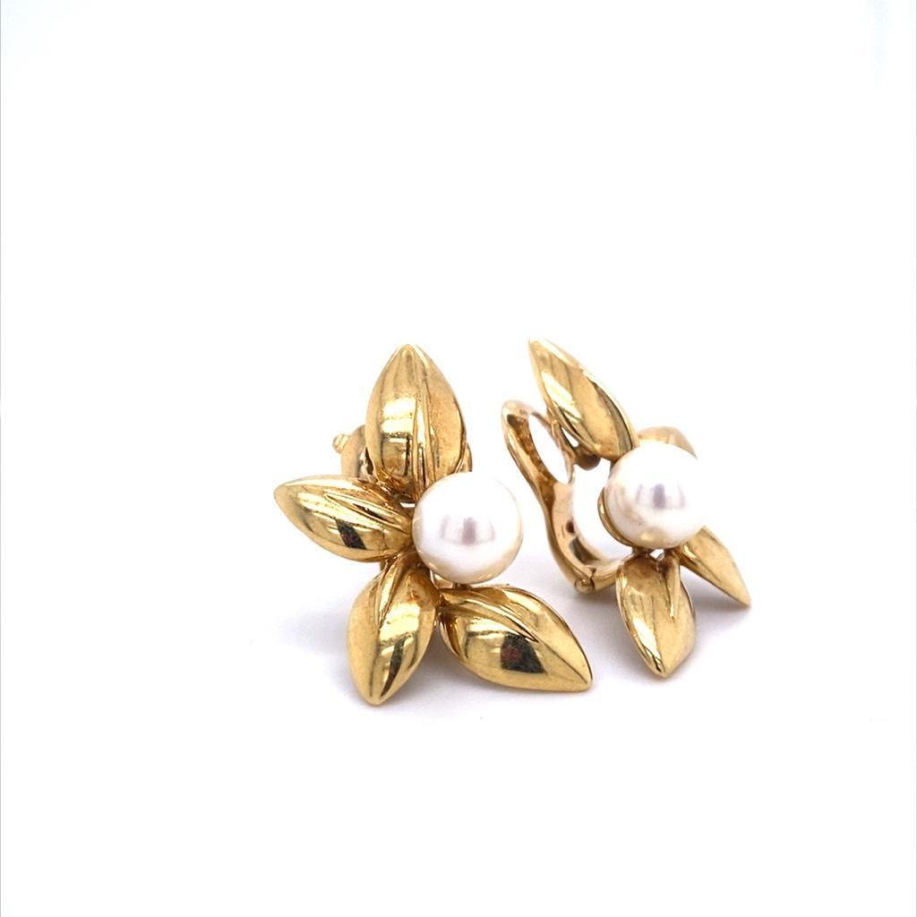 A pair of vintage Van Cleef & Arpels pearl and 18 karat yellow gold earrings, circa 1950.

This elegant pair of earrings are designed as a spray of leaves in plain polished gold, each set to their centre with an 8mm cultured pearl and finished with