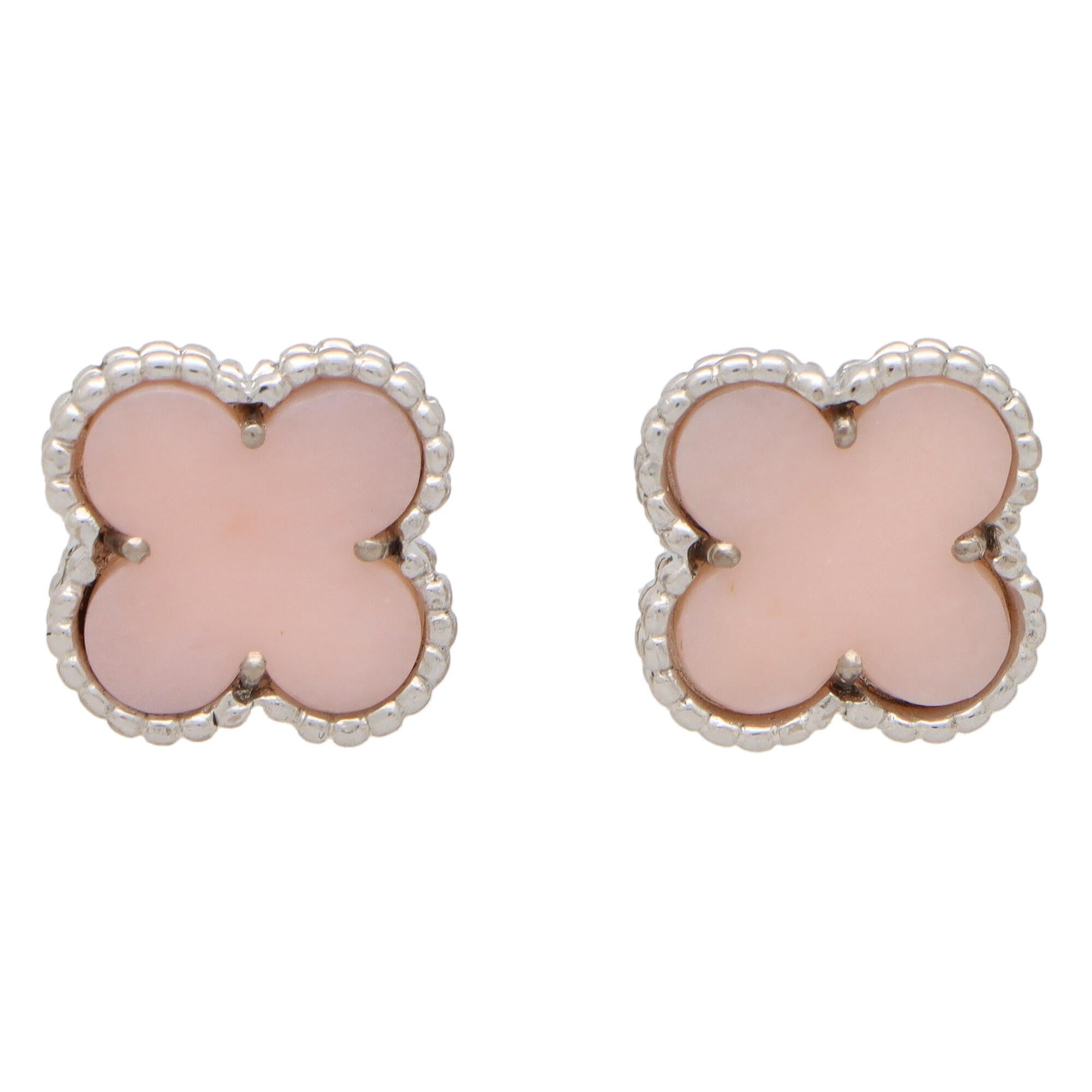 Vintage Van Cleef & Arpels Pink Opal Alhambra Earrings Set in 18k White Gold In Excellent Condition In London, GB