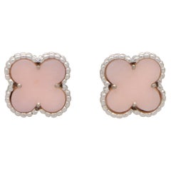 Vintage Van Cleef & Arpels Pink Opal Alhambra Earrings Set in 18k White Gold