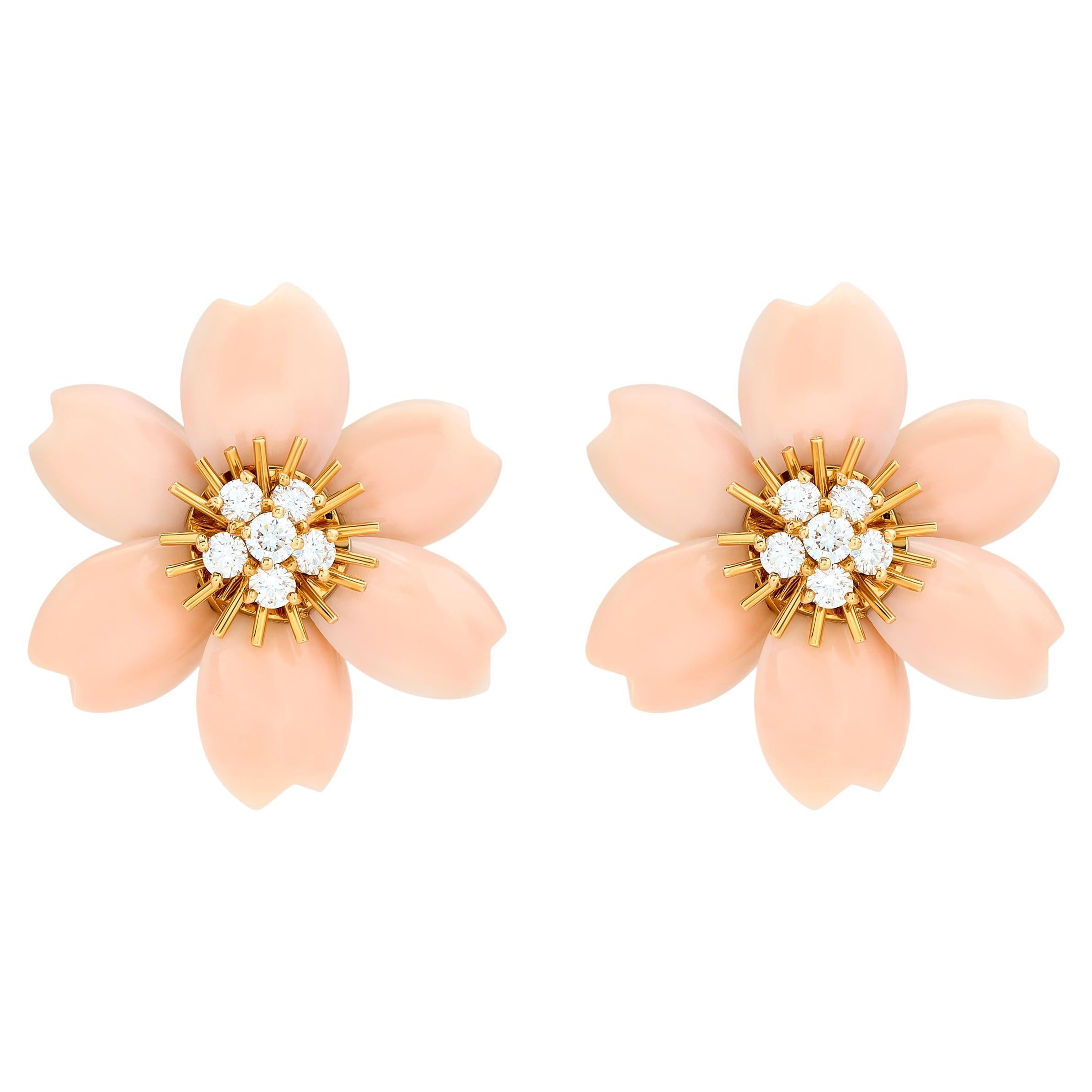 Vintage Van Cleef & Arpels Rose de Noel Coral and Diamond Floral Earrings For Sale