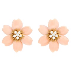Vintage Van Cleef & Arpels Rose de Noel Coral and Diamond Floral Earrings