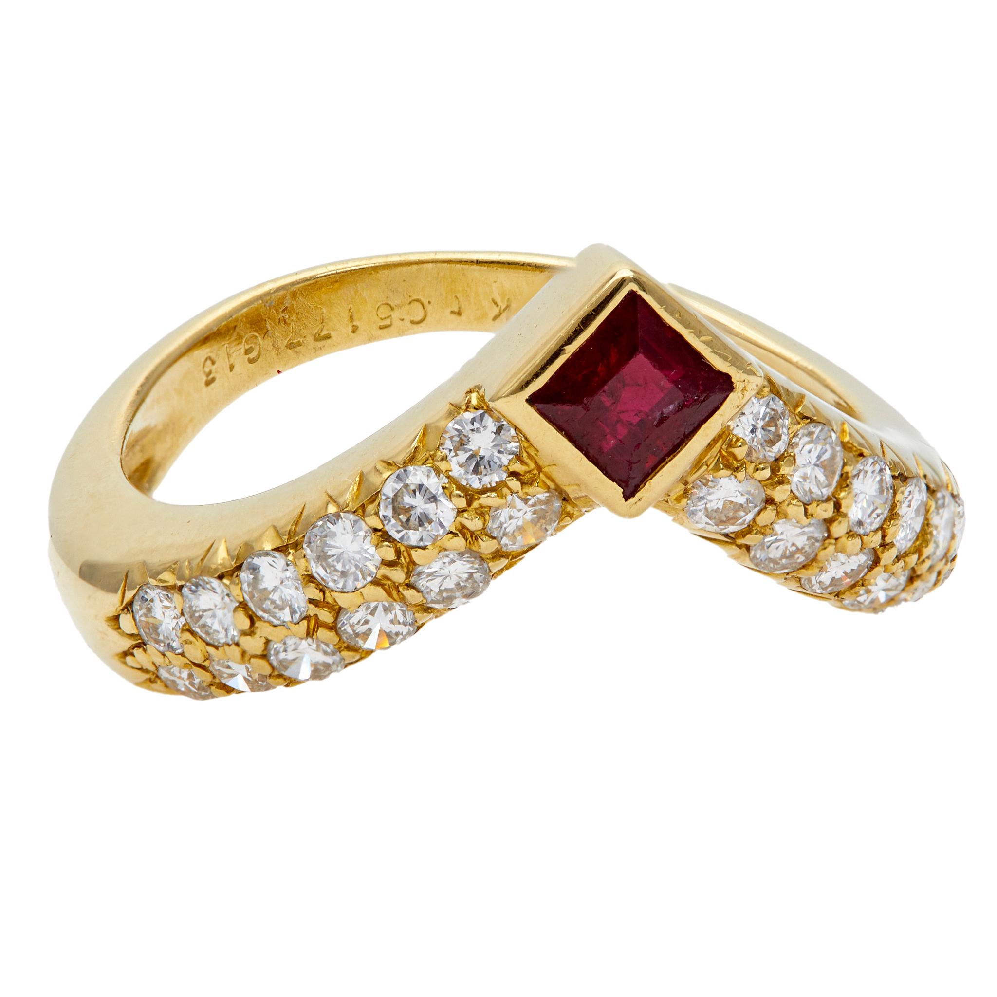 Women's or Men's Vintage Van Cleef & Arpels Ruby and Diamond 18k Yellow Gold Chevron Ring