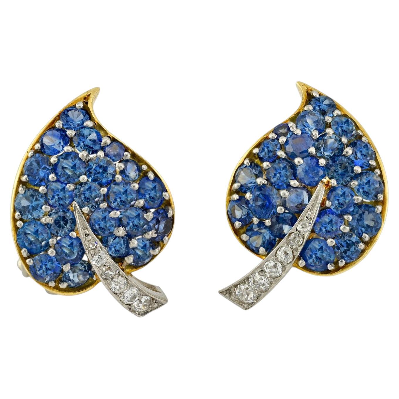 Pendientes vintage de Van Cleef & Arpels con zafiros y diamantes en forma de hoja  1950s