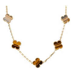 Vintage Van Cleef & Arpels Tiger Eye Alhambra Necklace in 18 Karat Yellow Gold