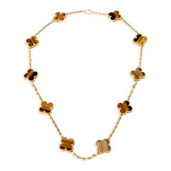 Vintage Van Cleef & Arpels Tiger Eye Alhambra Necklace in 18 Karat Yellow Gold
