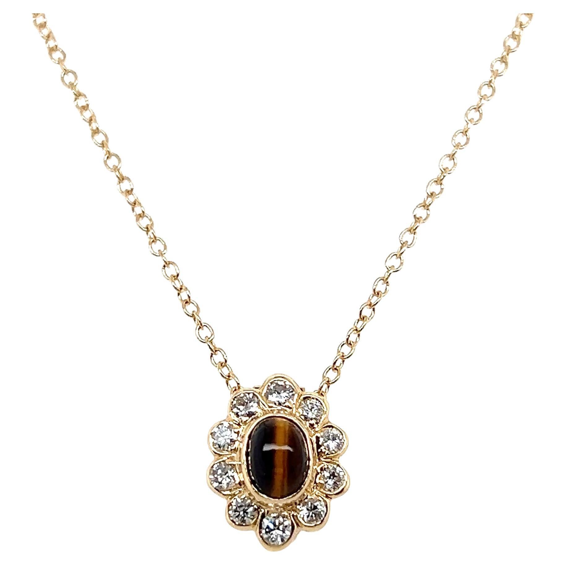 Collana vintage Van Cleef & Arpels con occhio di tigre e diamante in oro giallo 14k