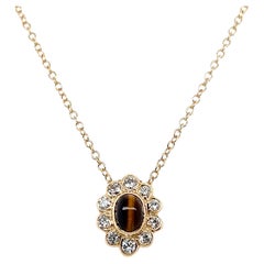 Vintage Van Cleef & Arpels Tigers Eye & Diamond 14k Yellow Gold Pendant Necklace
