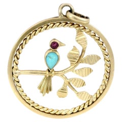 Vintage Van Cleef Arpels Turquoise and Ruby Bird Pendant Charm 18 Karat Gold