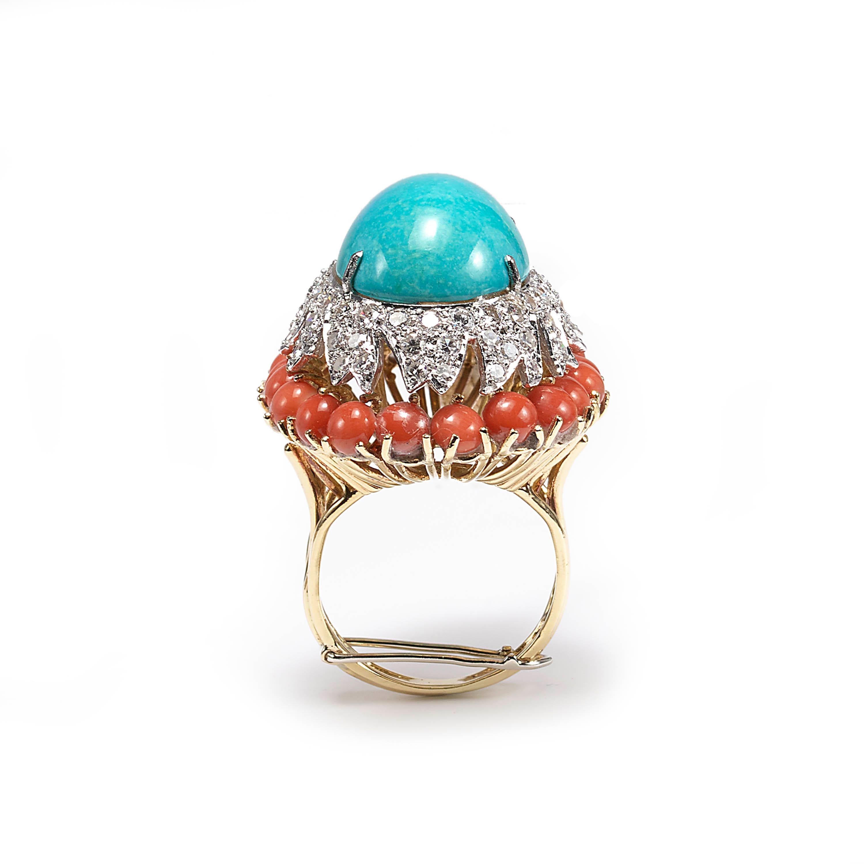 A Van Cleef & Arpels turquoise, coral and diamond cocktail ring, cabochon cut turquoise, surrounded by pave set, single-cut and brilliant-cut diamonds, weighing an estimated total of 2.10ct, with a further surround of round cabochon cut corals, with