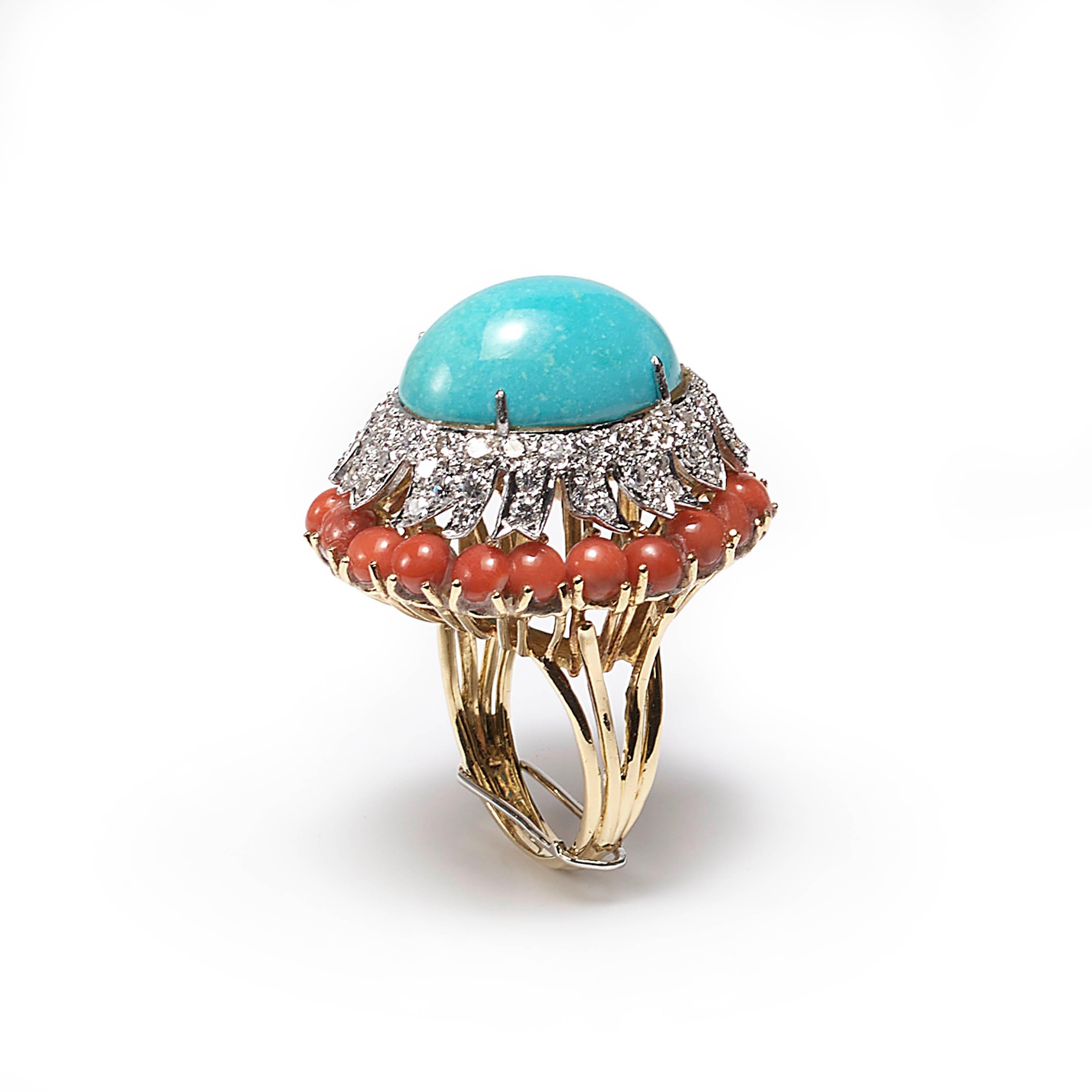 Retro Vintage Van Cleef & Arpels Turquoise, Coral and Diamond Cocktail Ring