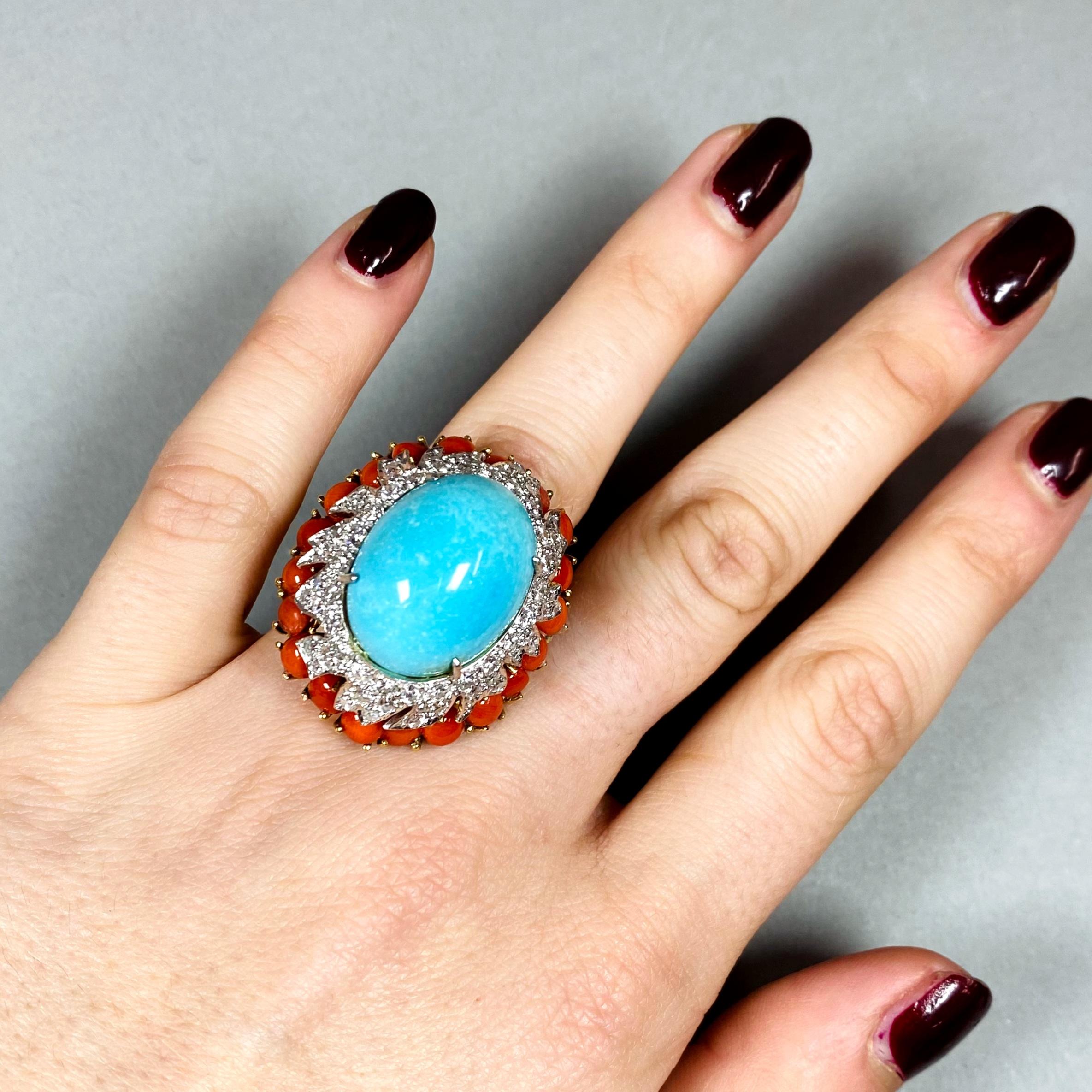 Cabochon Vintage Van Cleef & Arpels Turquoise, Coral and Diamond Cocktail Ring
