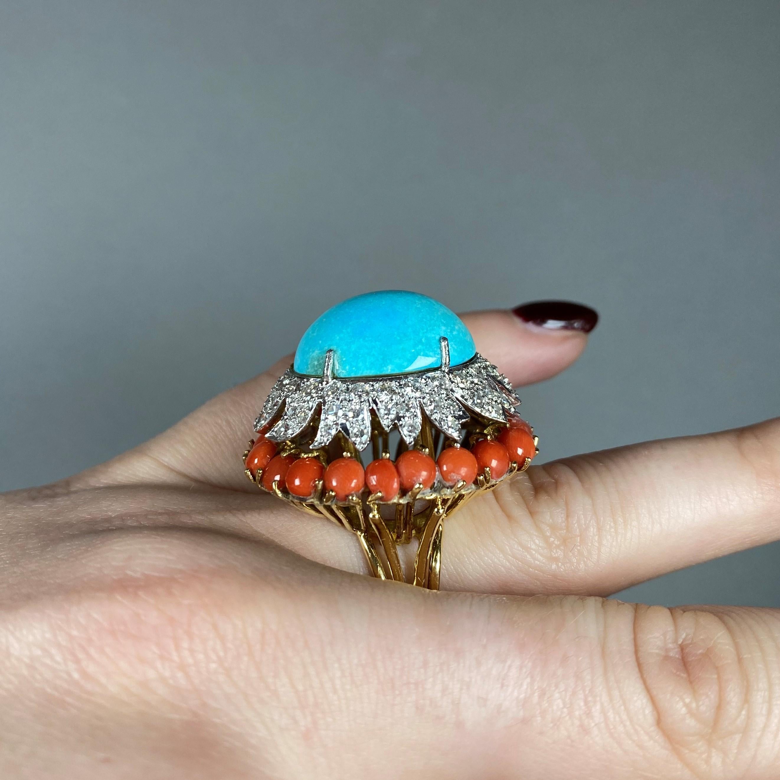 Vintage Van Cleef & Arpels Turquoise, Coral and Diamond Cocktail Ring In Good Condition In London, GB