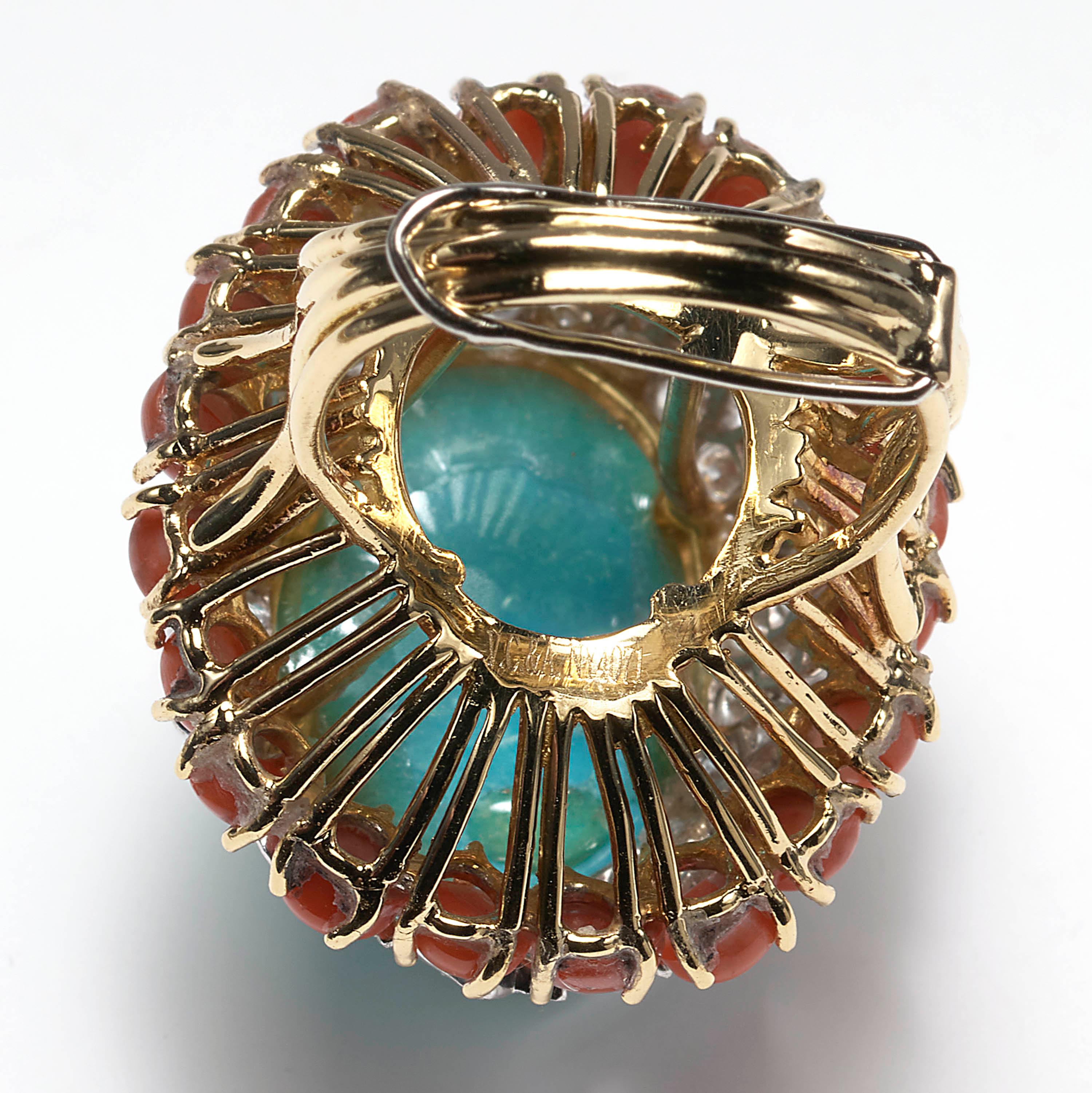 Women's Vintage Van Cleef & Arpels Turquoise, Coral and Diamond Cocktail Ring