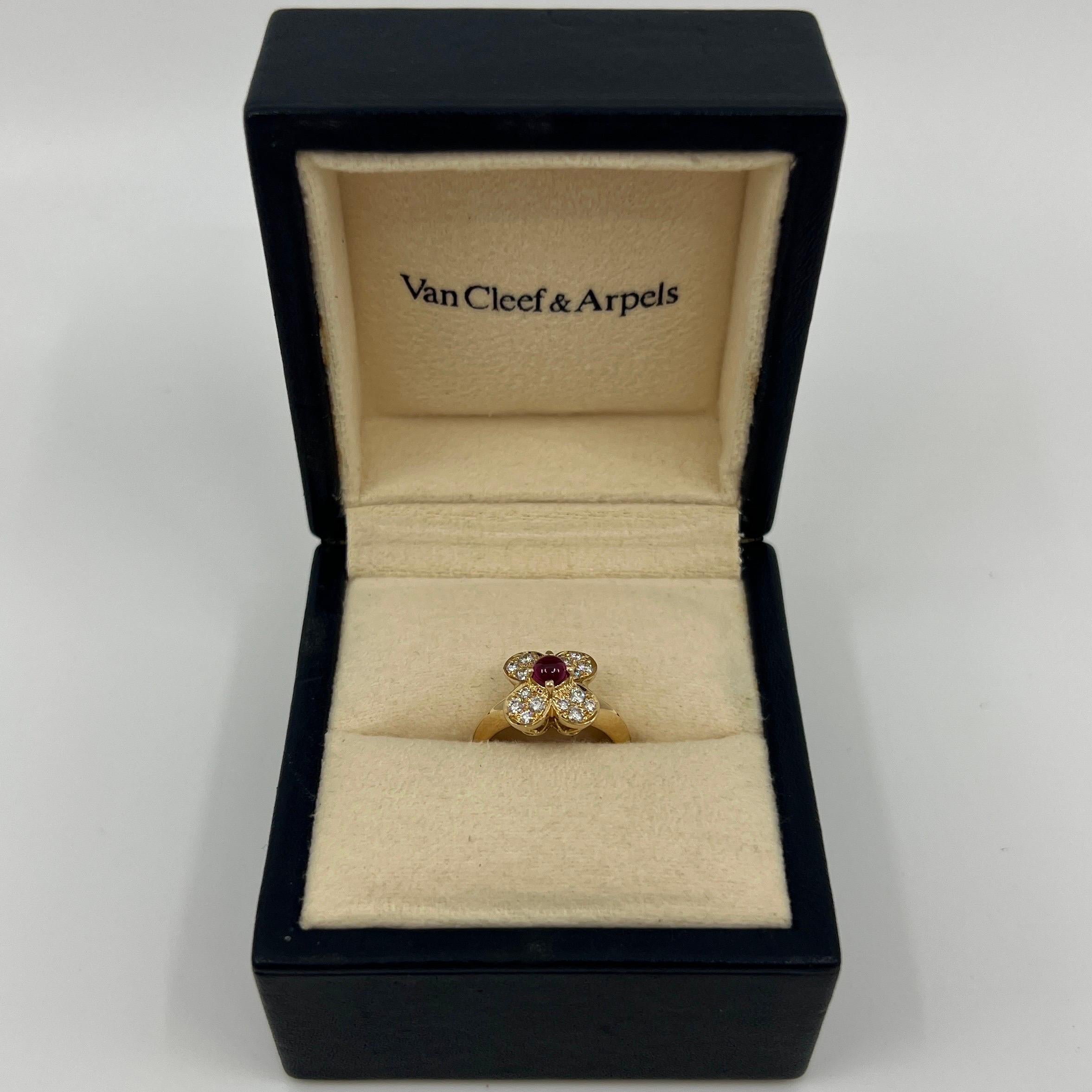 Vintage Van Cleef & Arpels Vivid Red Ruby & Diamond Trefle Alhambra Flower Ring 5
