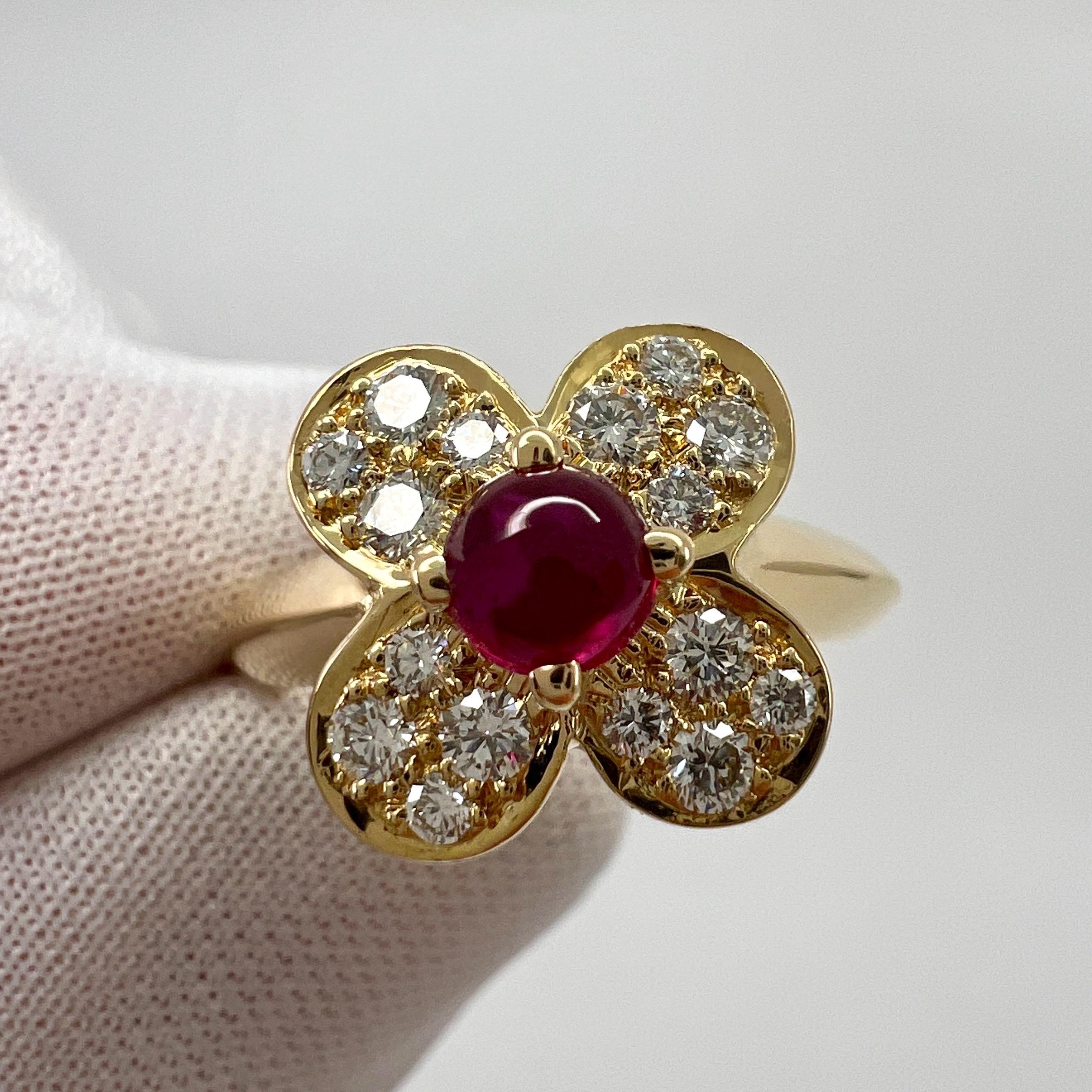 Vintage Van Cleef & Arpels Vivid Red Ruby & Diamond Trefle Alhambra Flower Ring 7