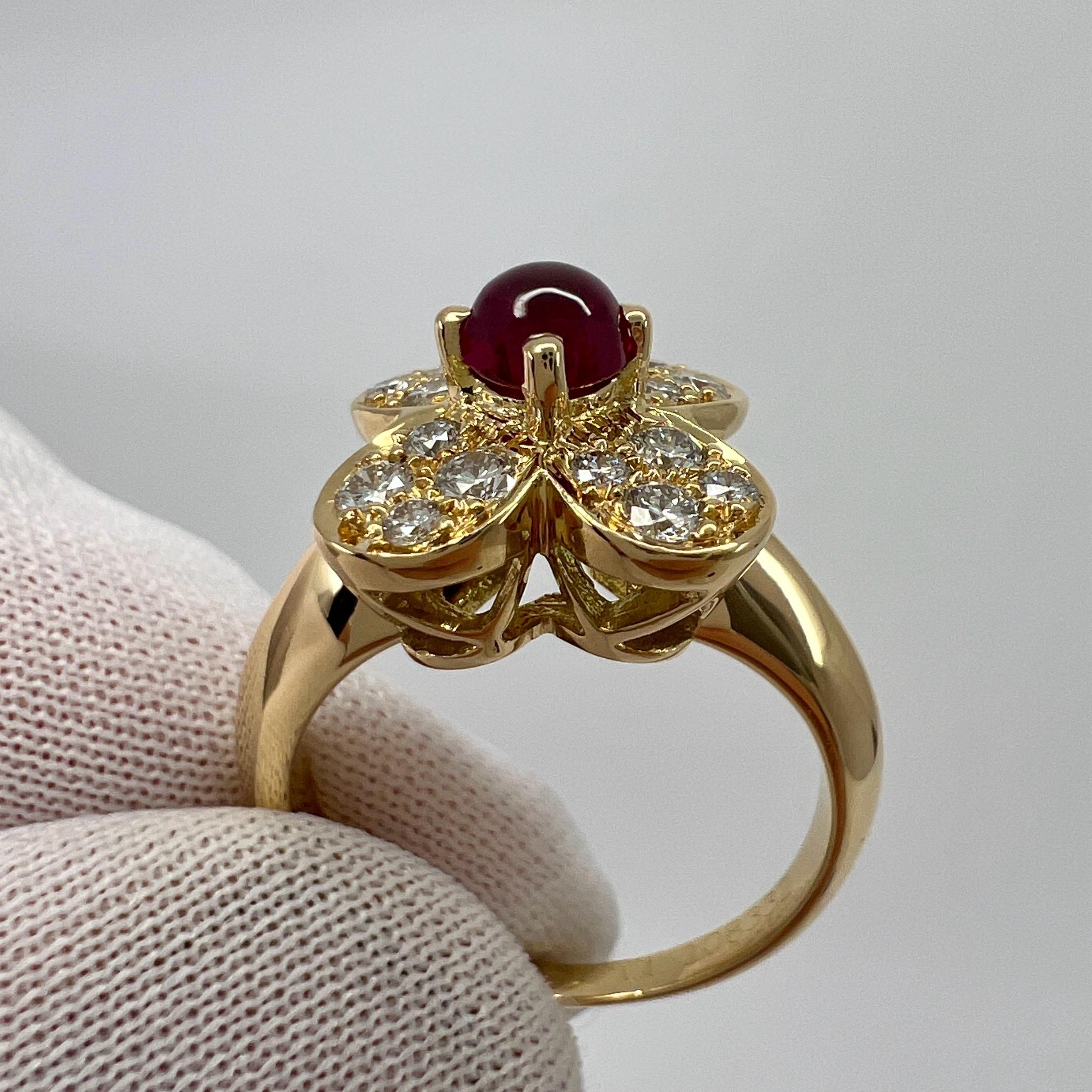 Women's or Men's Vintage Van Cleef & Arpels Vivid Red Ruby & Diamond Trefle Alhambra Flower Ring