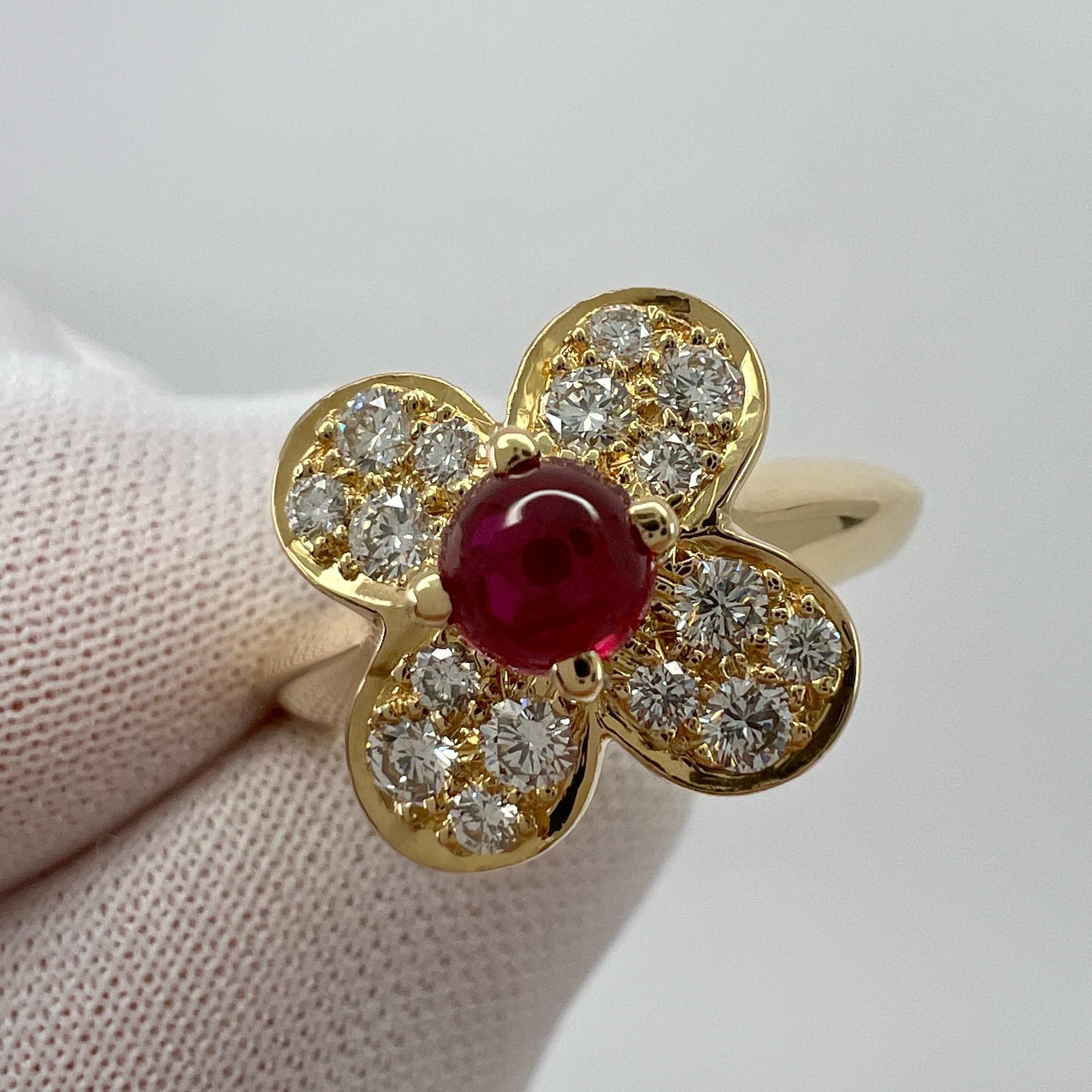 Vintage Van Cleef & Arpels Vivid Red Ruby & Diamond Trefle Alhambra Flower Ring 1