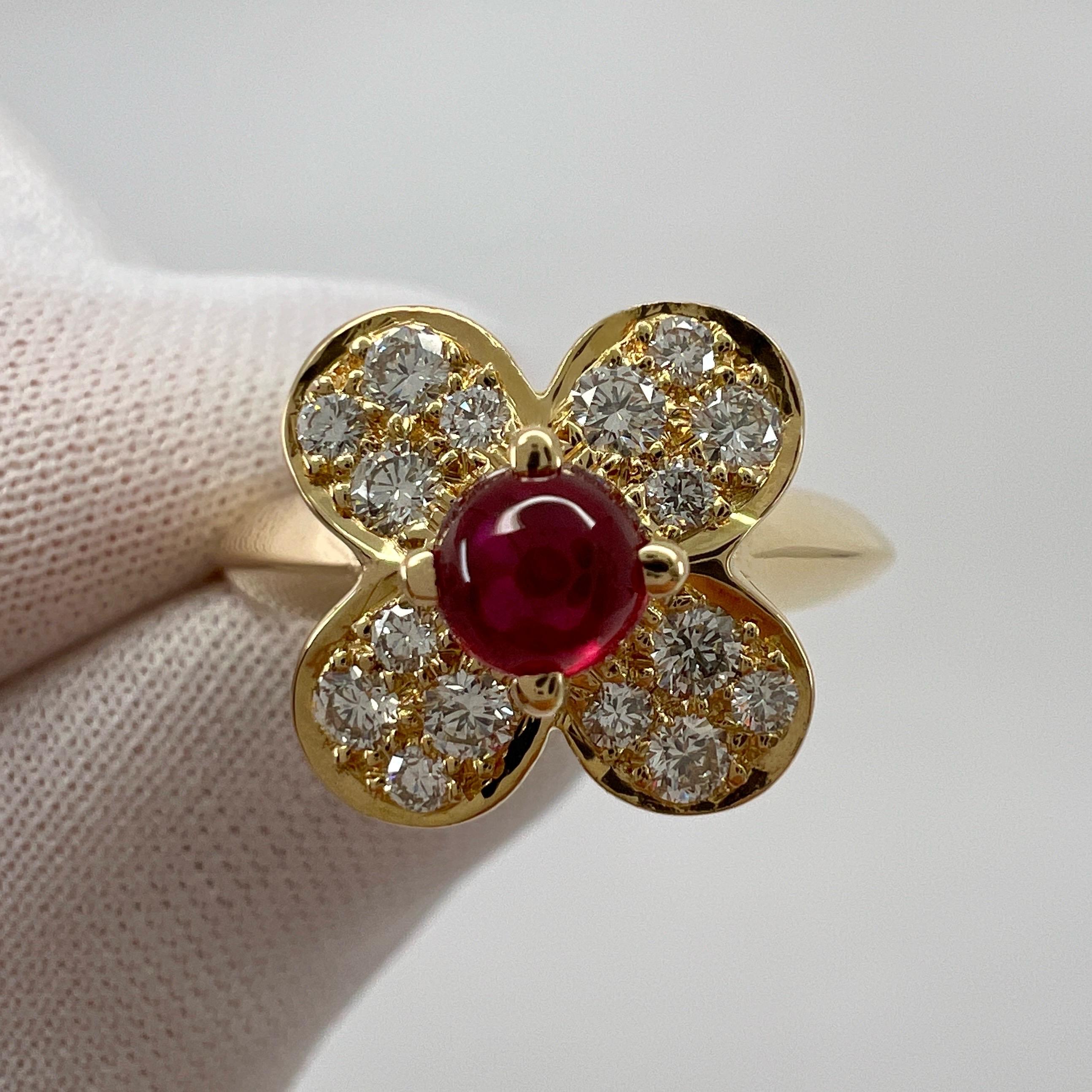Vintage Van Cleef & Arpels Vivid Red Ruby & Diamond Trefle Alhambra Flower Ring 4