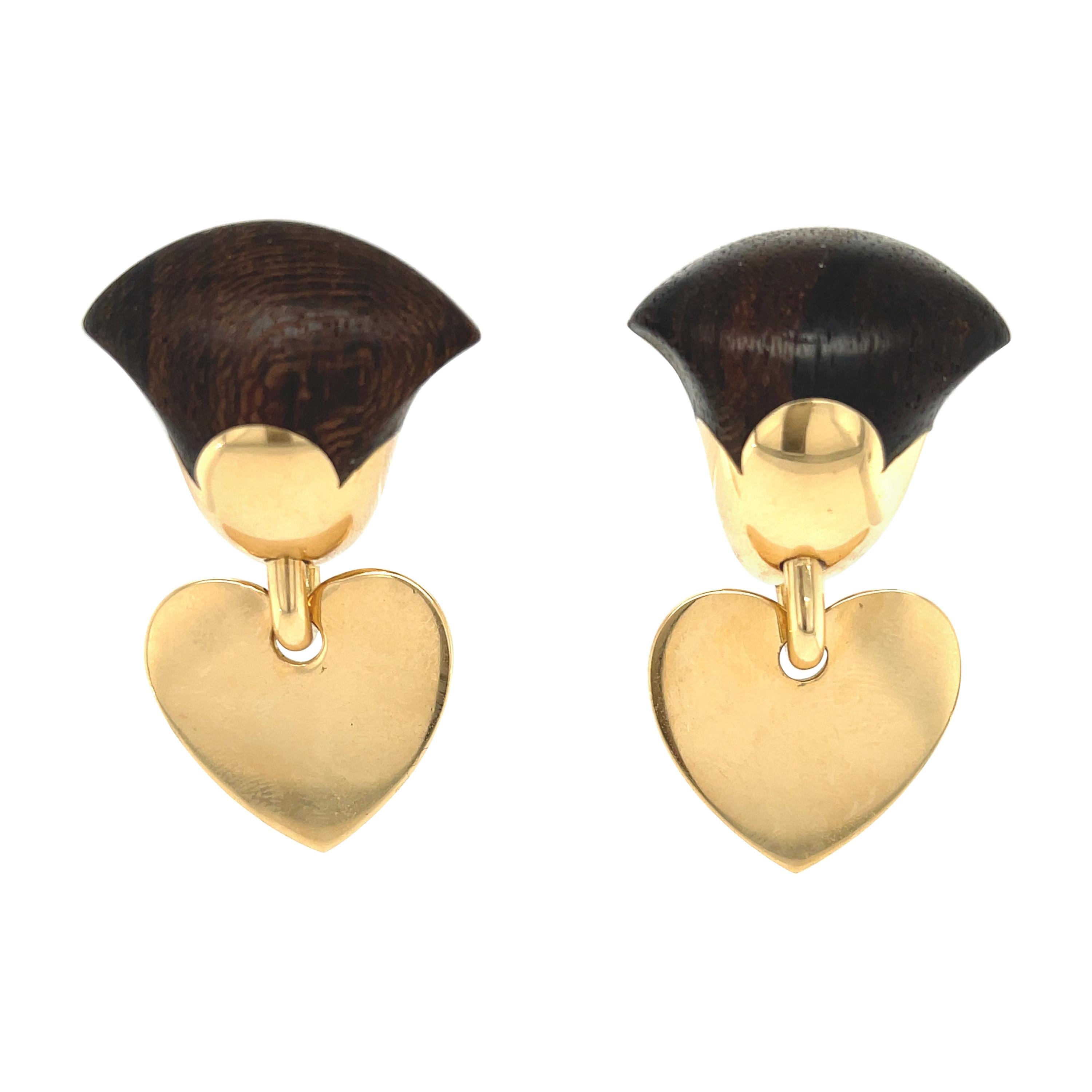 Vintage Van Cleef 
Arpels Wood 18 Karat Gold Heart Dangle Earrings