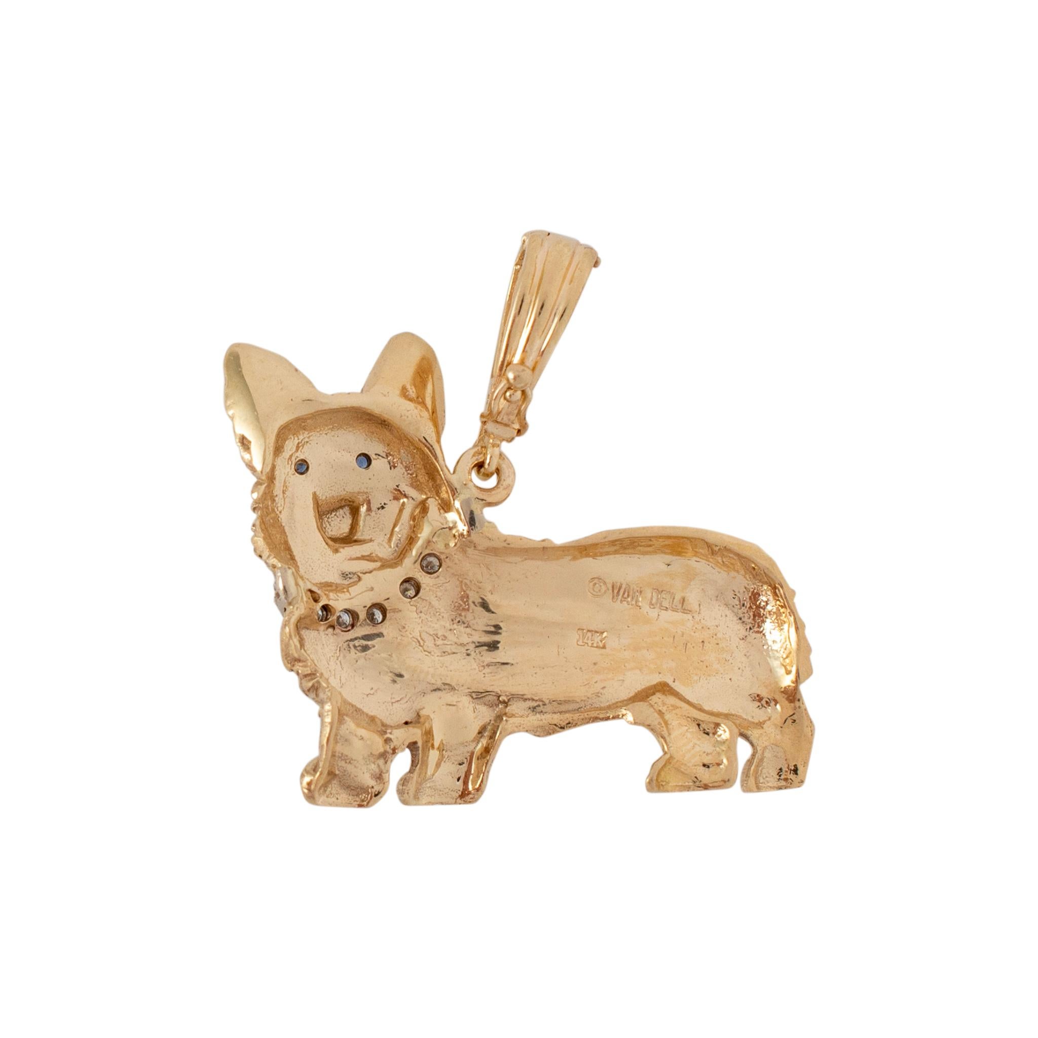 Brand: Van Dell 

Metal Type: 14K Yellow Gold

Length: 1.25 inches

Width: 1.25 inches

Weight: 12.72 grams

One 14K yellow gold animal diamond and sapphire vintage pendant. The metal was tested and determined to be 14K yellow gold. Engraved with