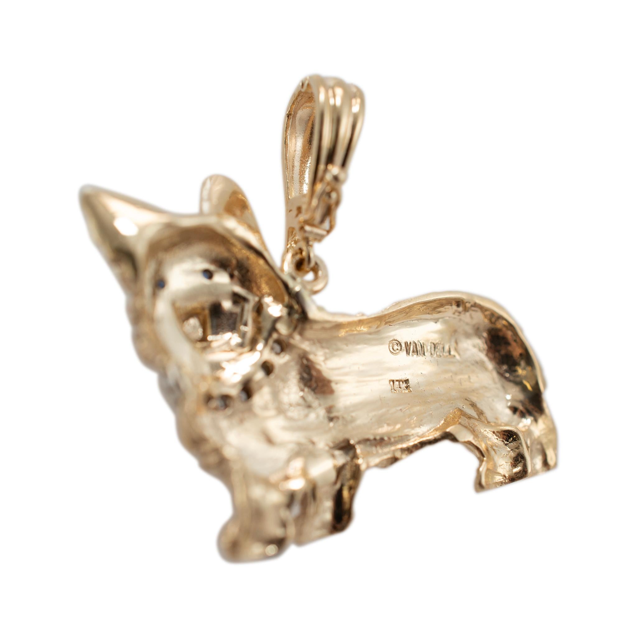 Round Cut Vintage Van Dell 14K Yellow Gold Texutred Sapphire Eye Diamond Corgi Dog Pendant For Sale