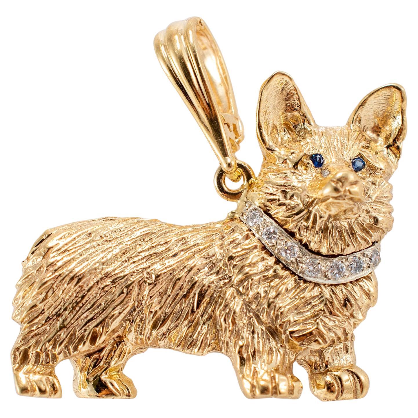 Vintage Van Dell 14K Yellow Gold Texutred Sapphire Eye Diamond Corgi Dog Pendant For Sale