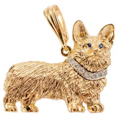 Vintage Van Dell 14K Yellow Gold Texutred Sapphire Eye Diamond Corgi Dog Pendant