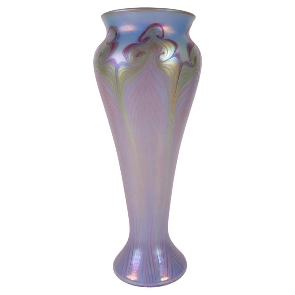 Vintage Vandermark Favrile Studio Art Glass Vase Pulled Feather Pastel 1980 For Sale