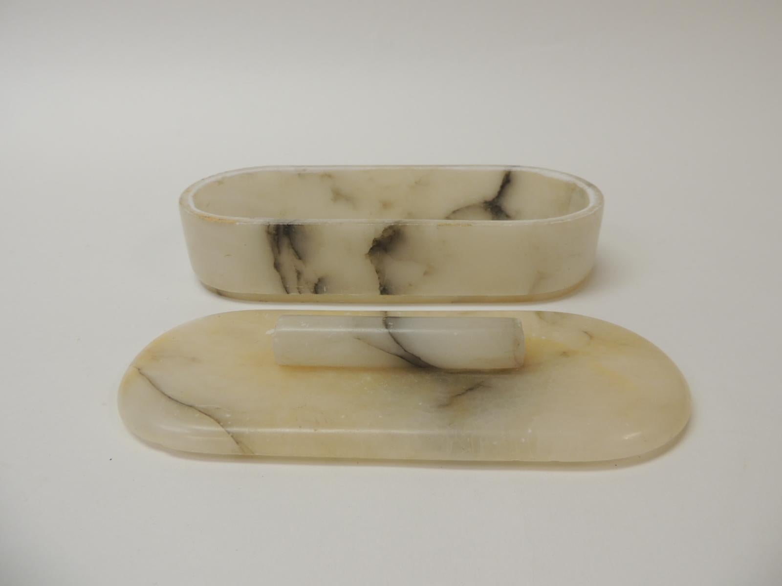 Hand-Crafted Vintage Vanity Handcrafted Alabaster Art Deco Oval Box