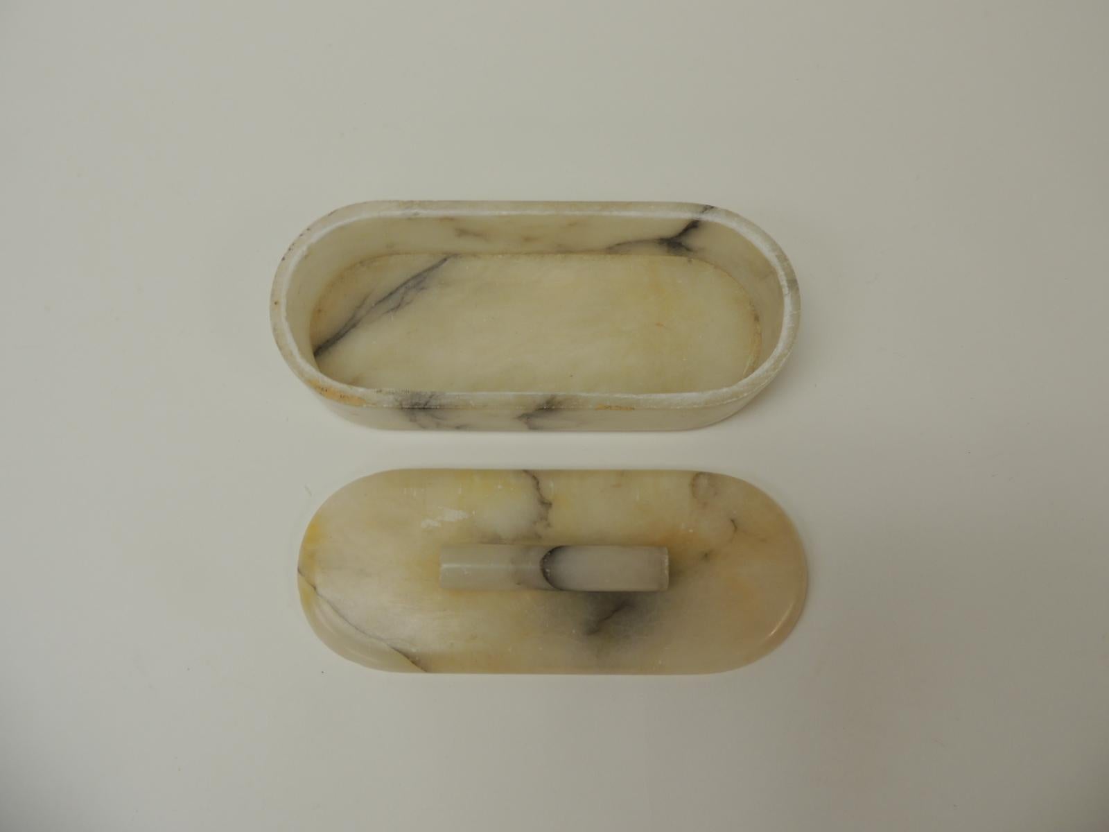 Vintage Vanity Handcrafted Alabaster Art Deco Oval Box In Good Condition In Oakland Park, FL