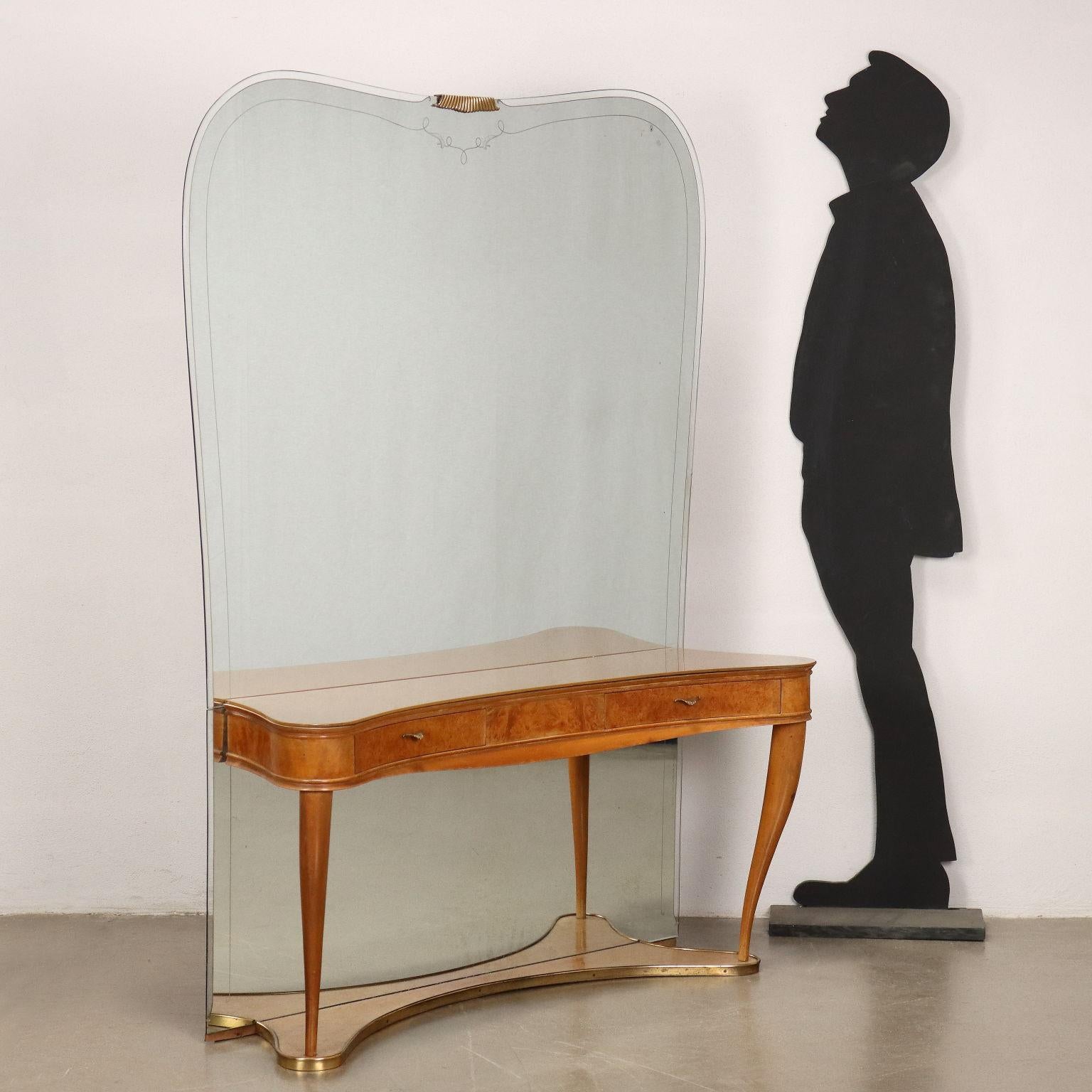 Vanity Table with mirror in briarwood veneer with back-treated glass and brass.