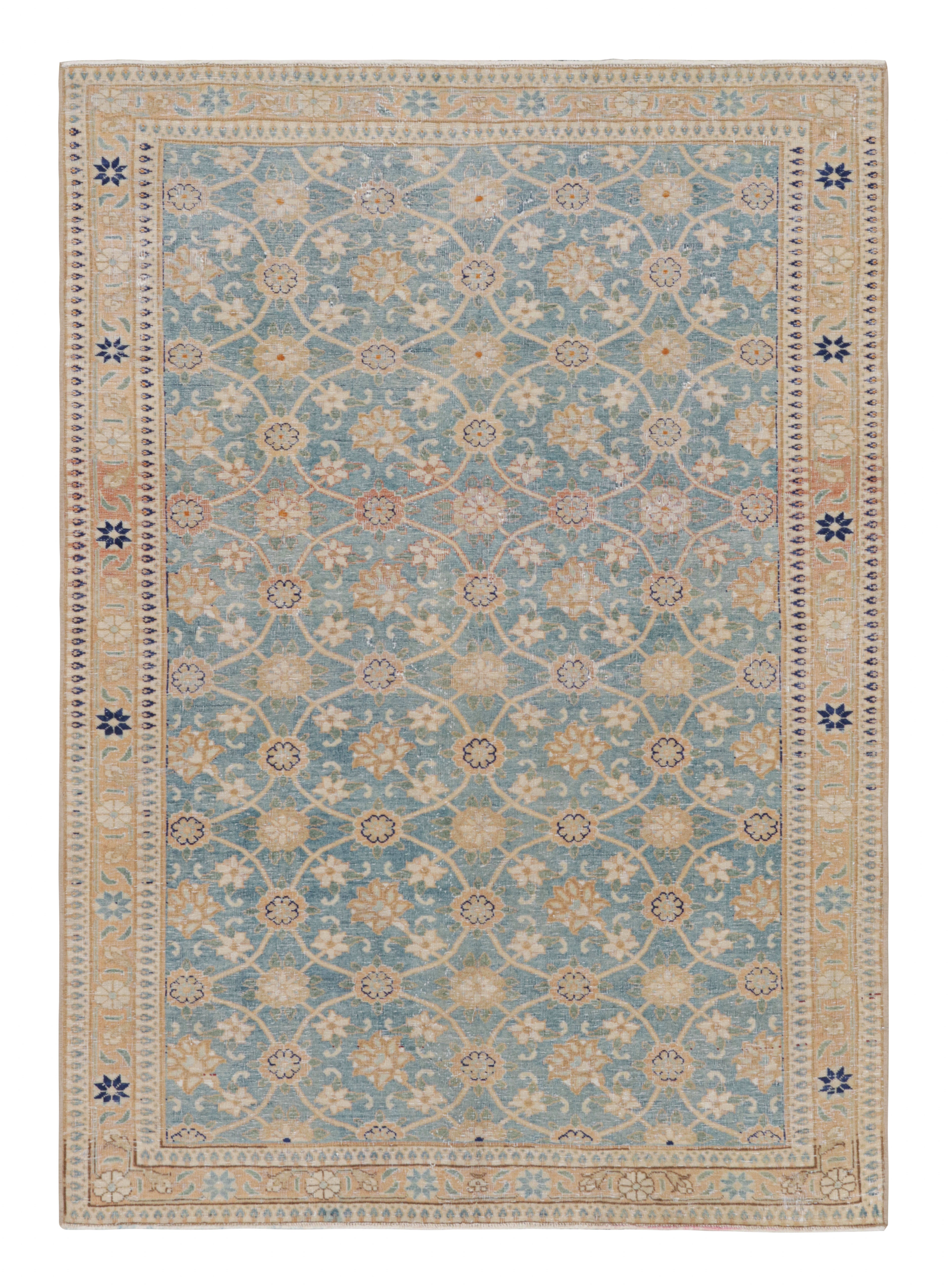 Vintage Varamin Rug in Blue with Floral Patterns, from Rug & Kilim For Sale