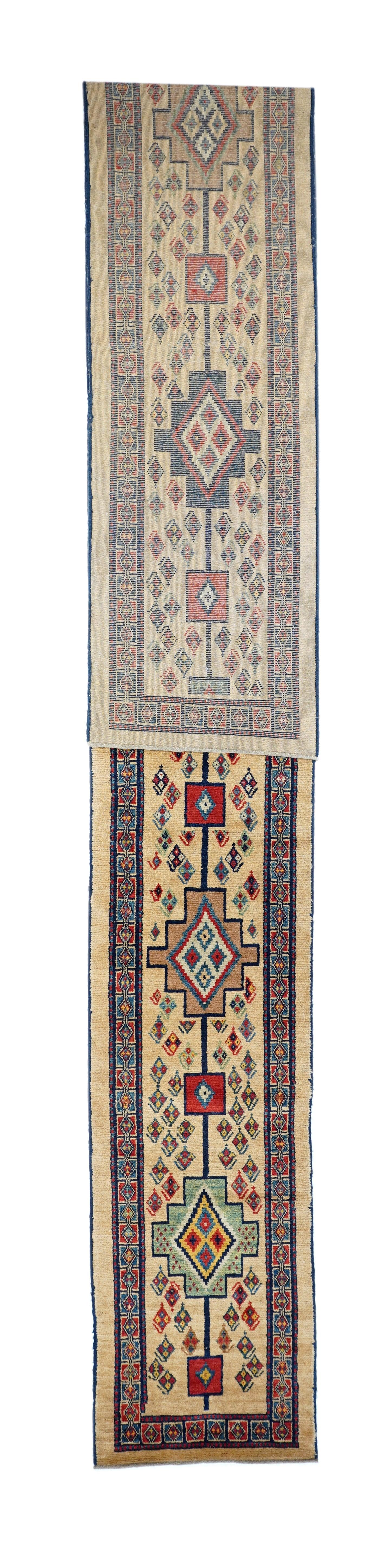 Vintage Varamin Runner 2'6'' x 22'2''. The village rugs of this locale in central Persia. Carpets with cotton foundations are usually blue ground, with Mina Khani rosette trellis allover patterns, while the all wool bags show Turkmen guls on dark
