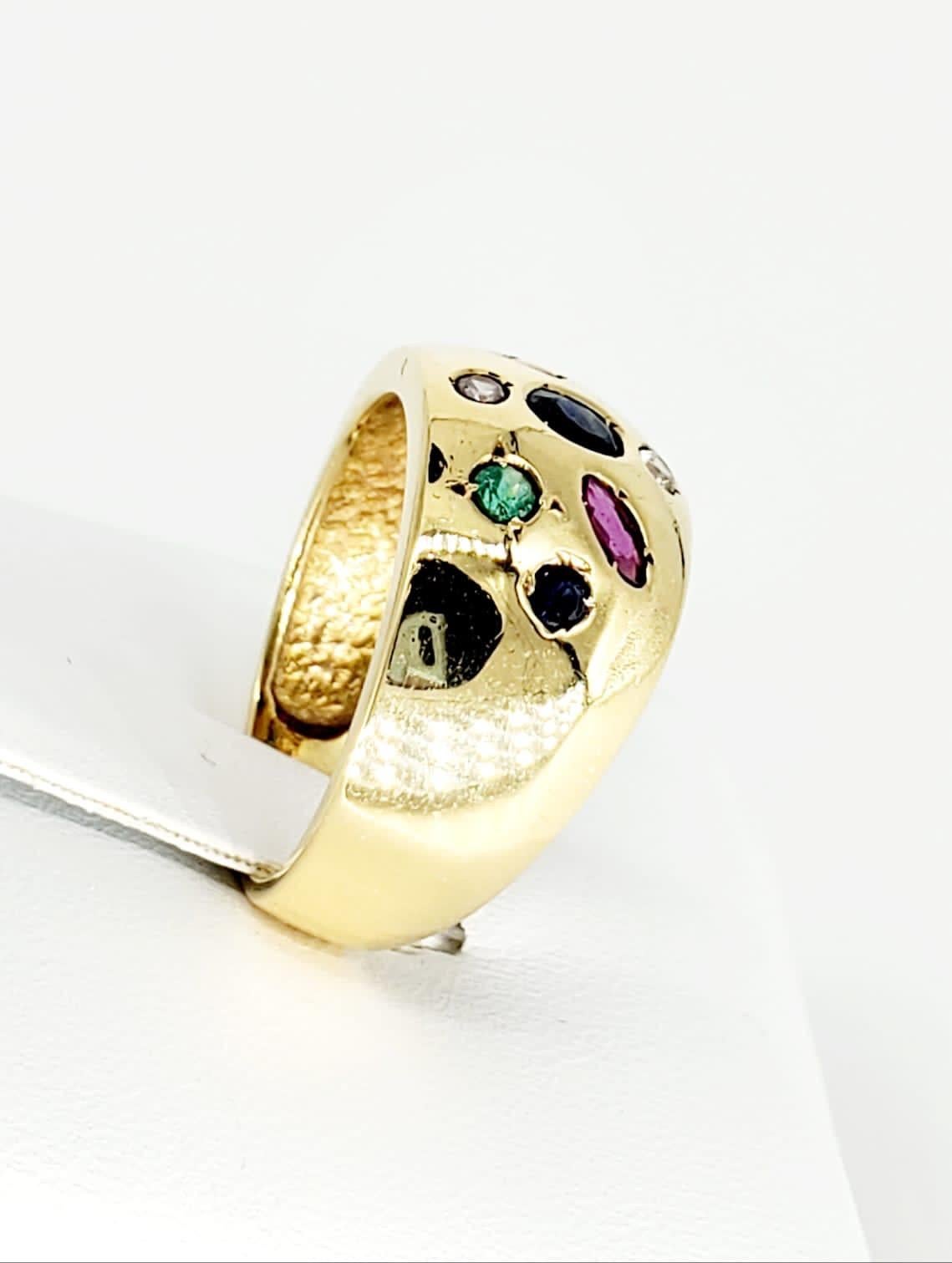 Women's Vintage Various Shapes Ruby, Sapphire, Emerald & Diamond 18 Karat Gold Dome Ring For Sale