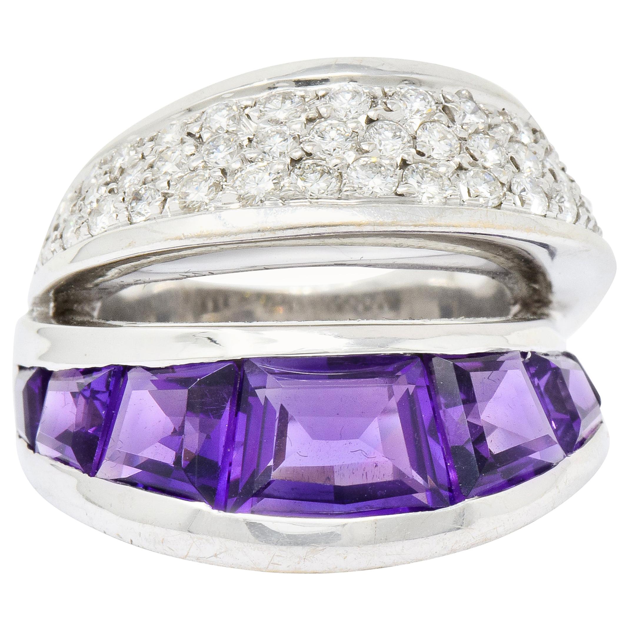 Vintage Vasari 1.52 Carat Diamond Amethyst 18 Karat White Gold Band Ring