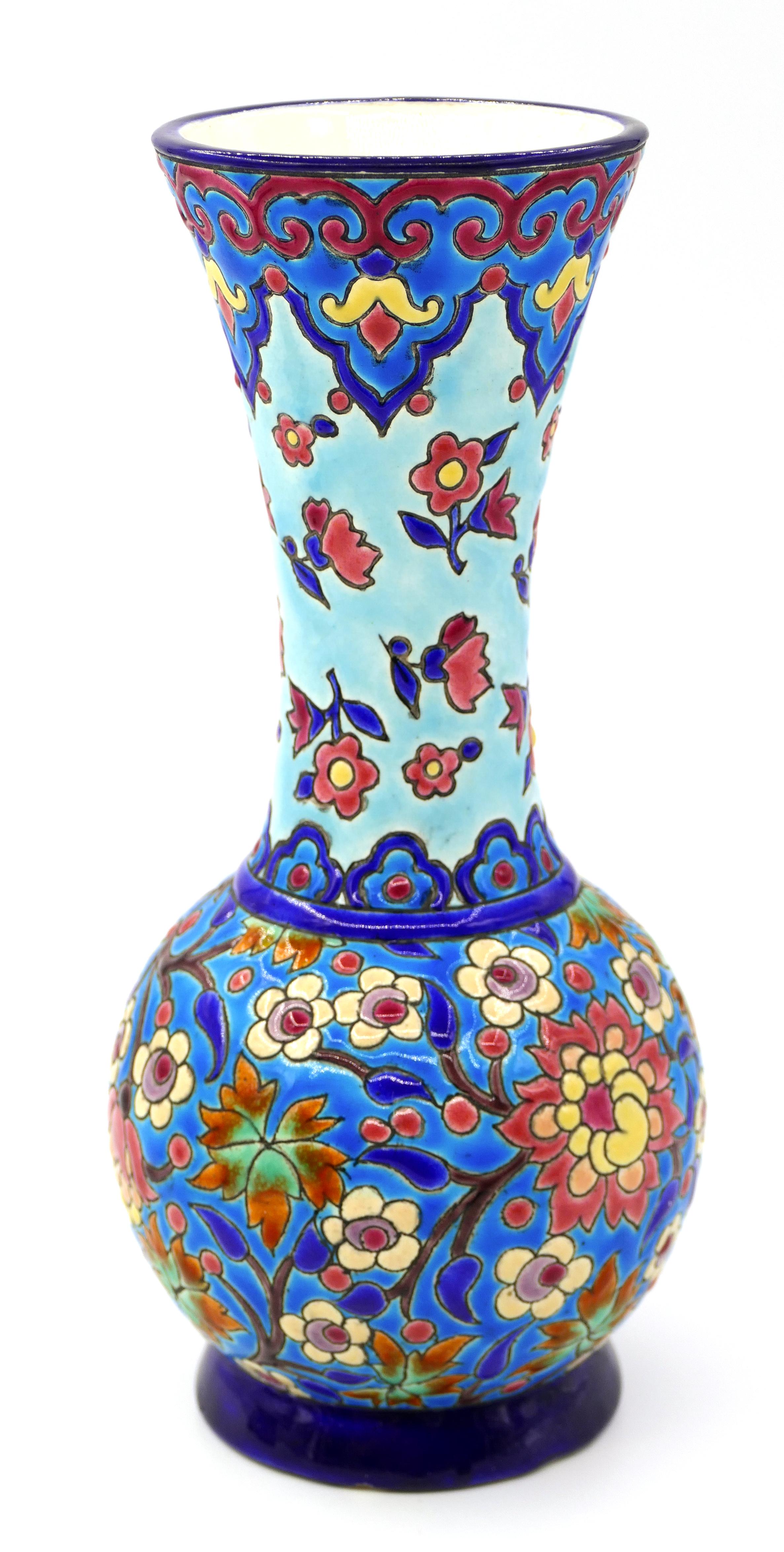 This is a beautiful lot composed by a vase and a round box, produced by Émaux de Longwy, an important pottery workshop in France, in the first 20th century, but superbly hand-decorated.

A colorful ceramic vase and a box with a floreal leit-motif