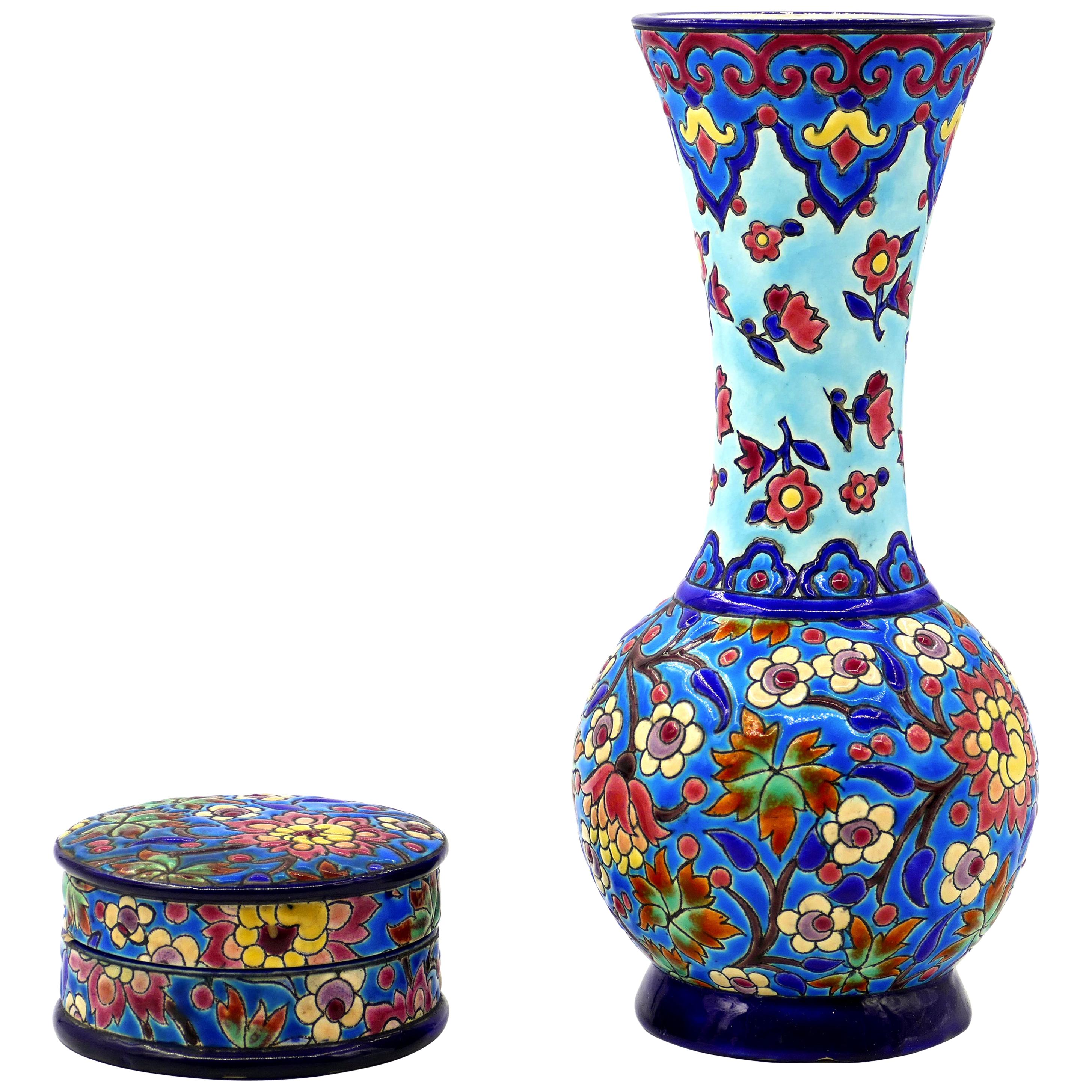 Vintage Vase and Round Box by Émaux De Longwy, France, Early 20th Century