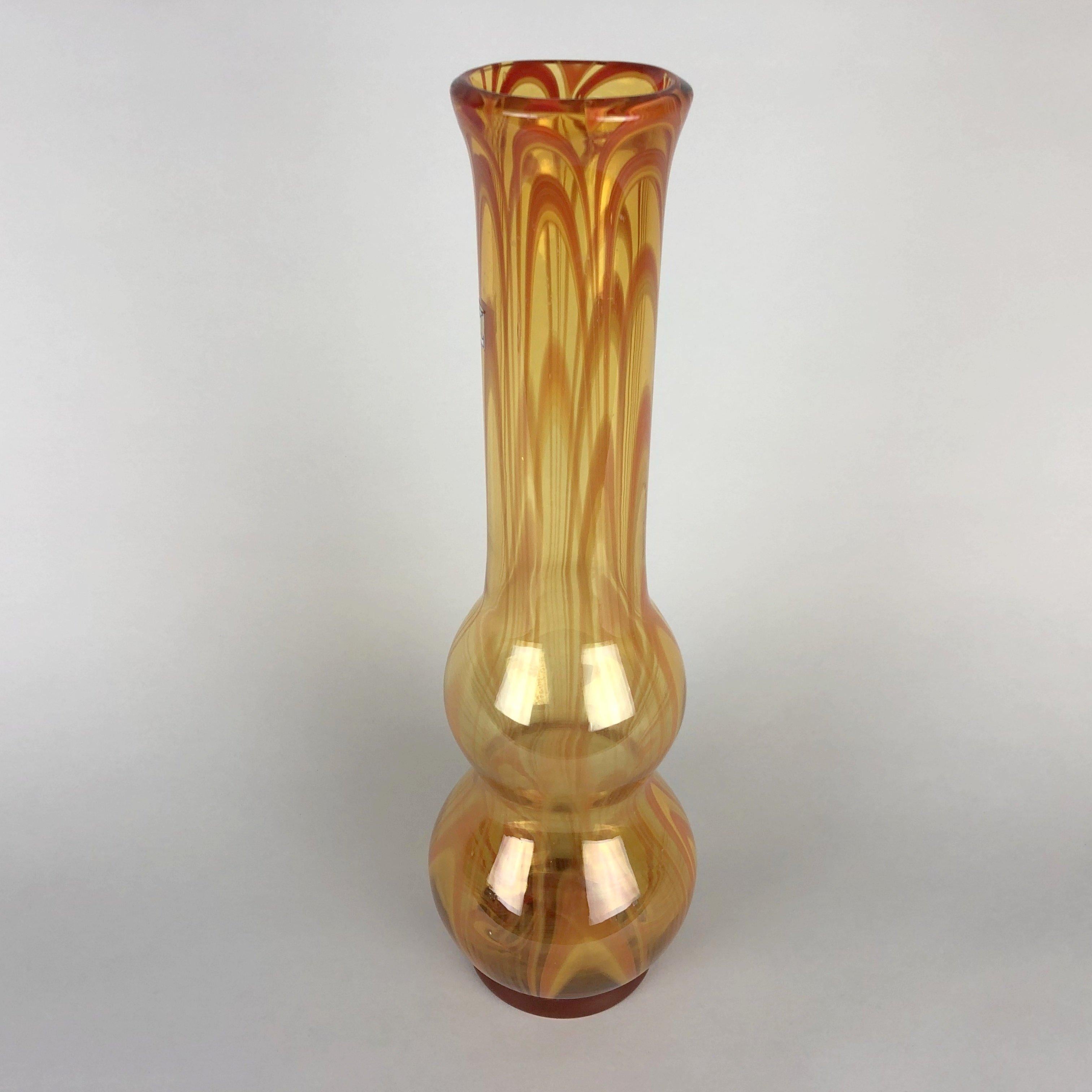 Tall hand made vintage glass vase made by the Laura Glassworks in the city of Tarnów in Poland in the 1970s. Very good vintage condition with it's original Label. Beautiful honey colour.