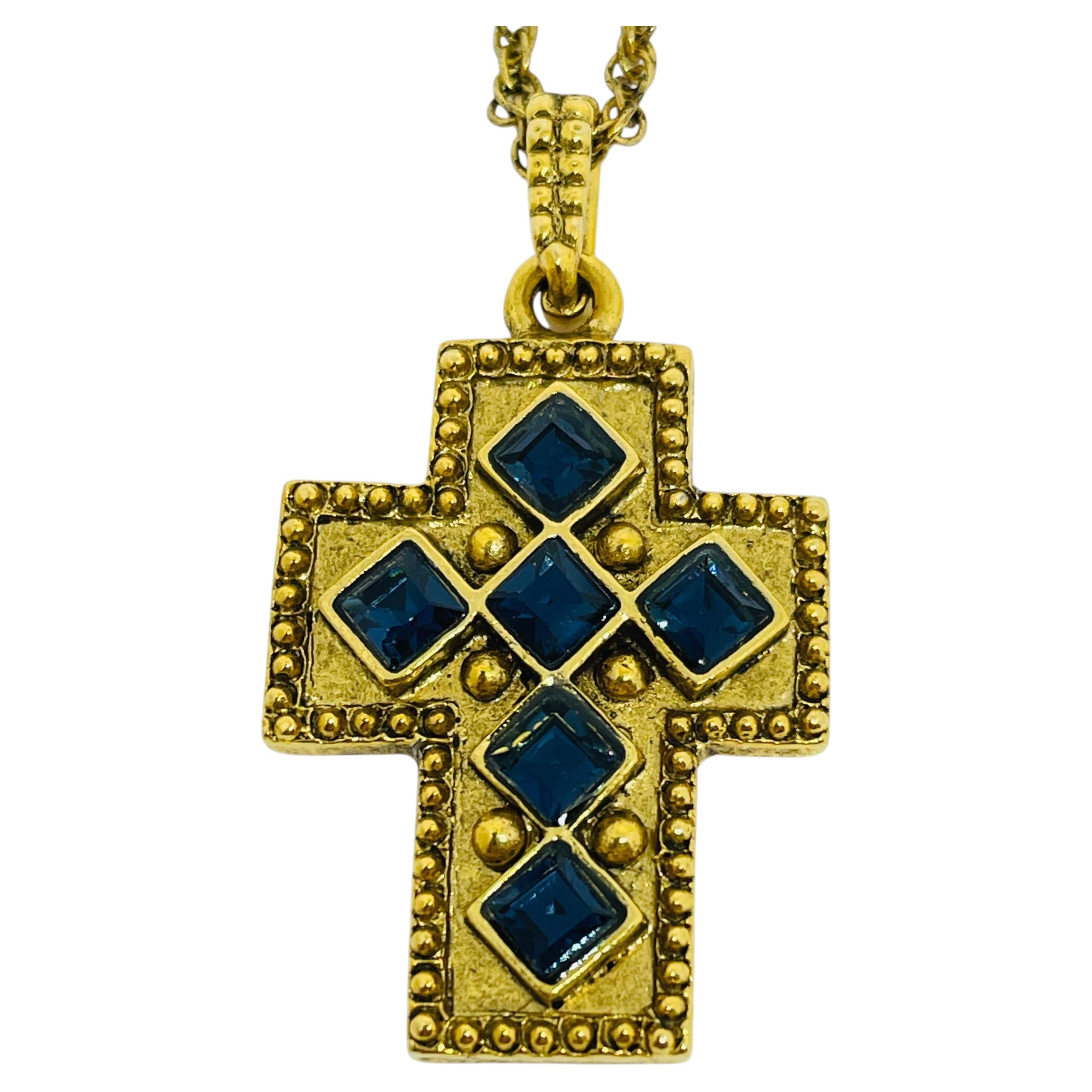 Vintage VATICAN LIBRARY COLLECTION gold tone sapphire cz cross chain necklace