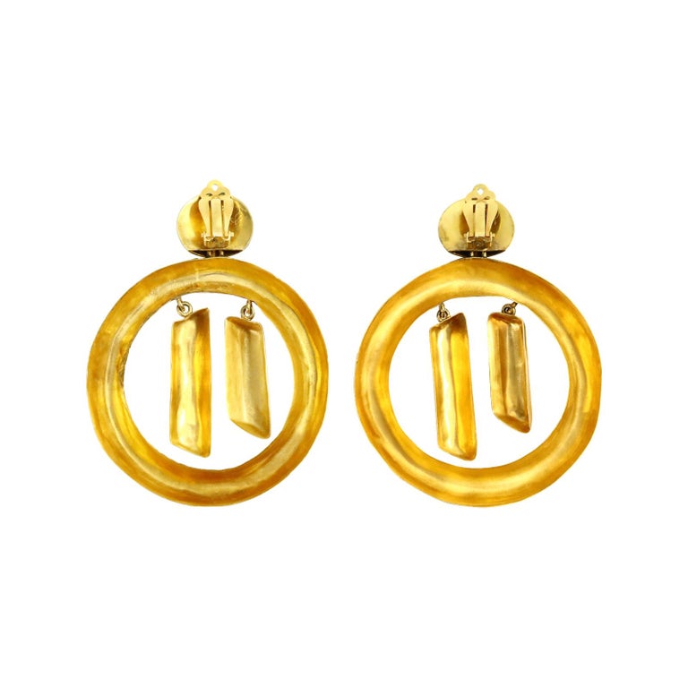 Women's or Men's Vintage Vaubel Large Gold Tone Dangling Hoop Earrings For Sale