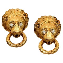 Vintage VCA 18k Yellow Gold Lion Earrings, Brilliant Cut Diamonds