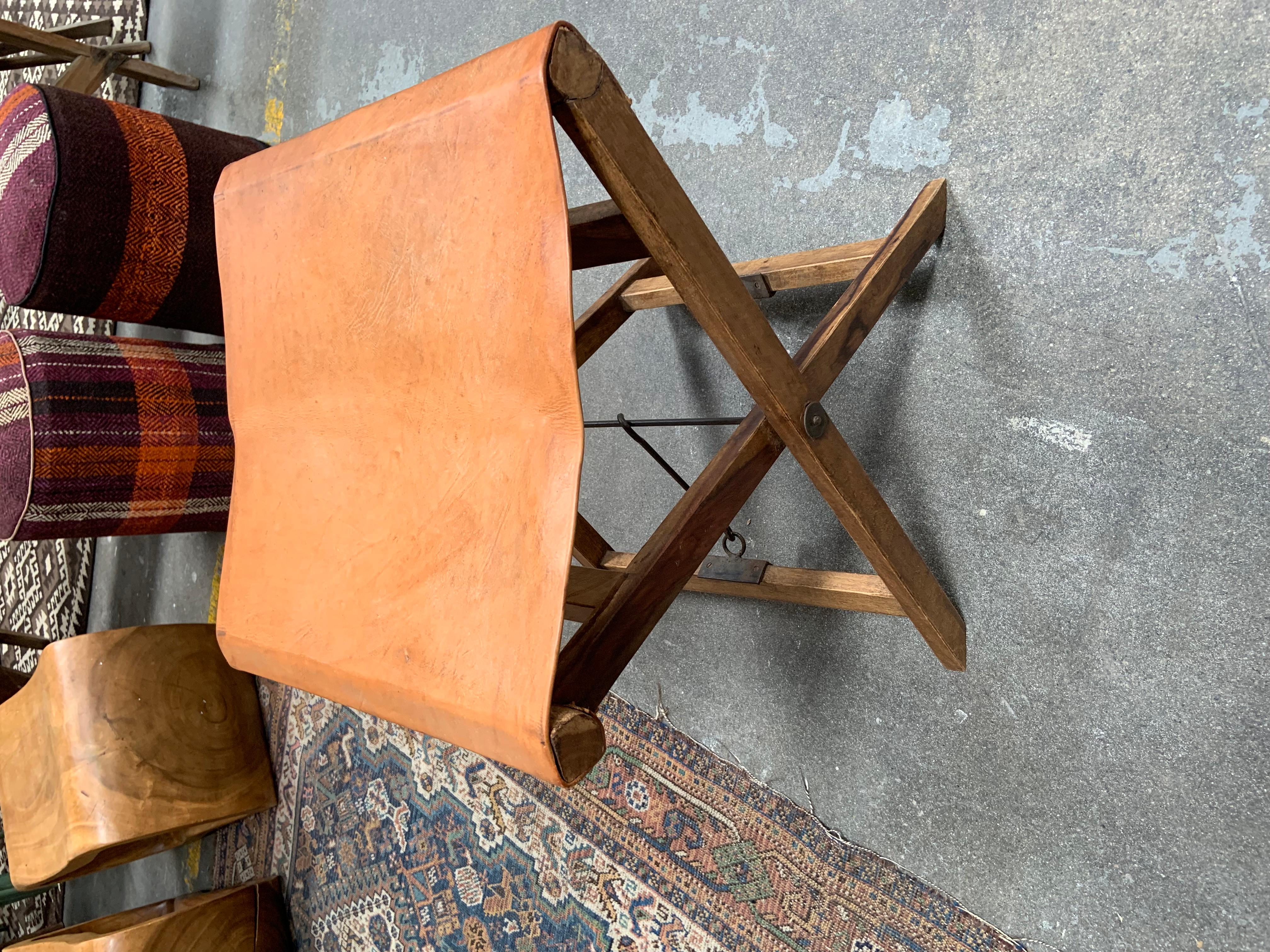 Mid-Century Modern Vegetable Tanned Leather and Wood Folding Sling Camp Stool