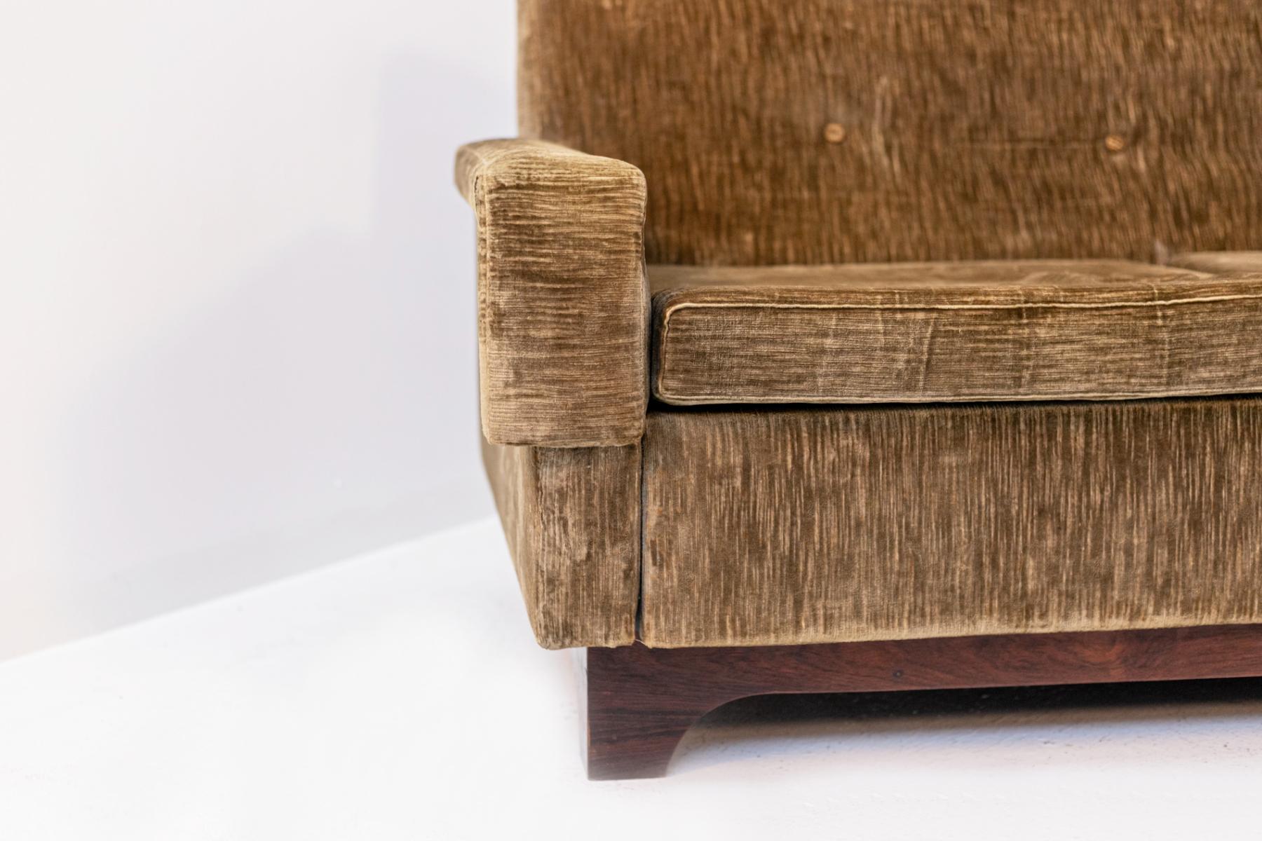 Mid-Century Modern Vintage Velvet and Wood Sofa by Saporiti Italia