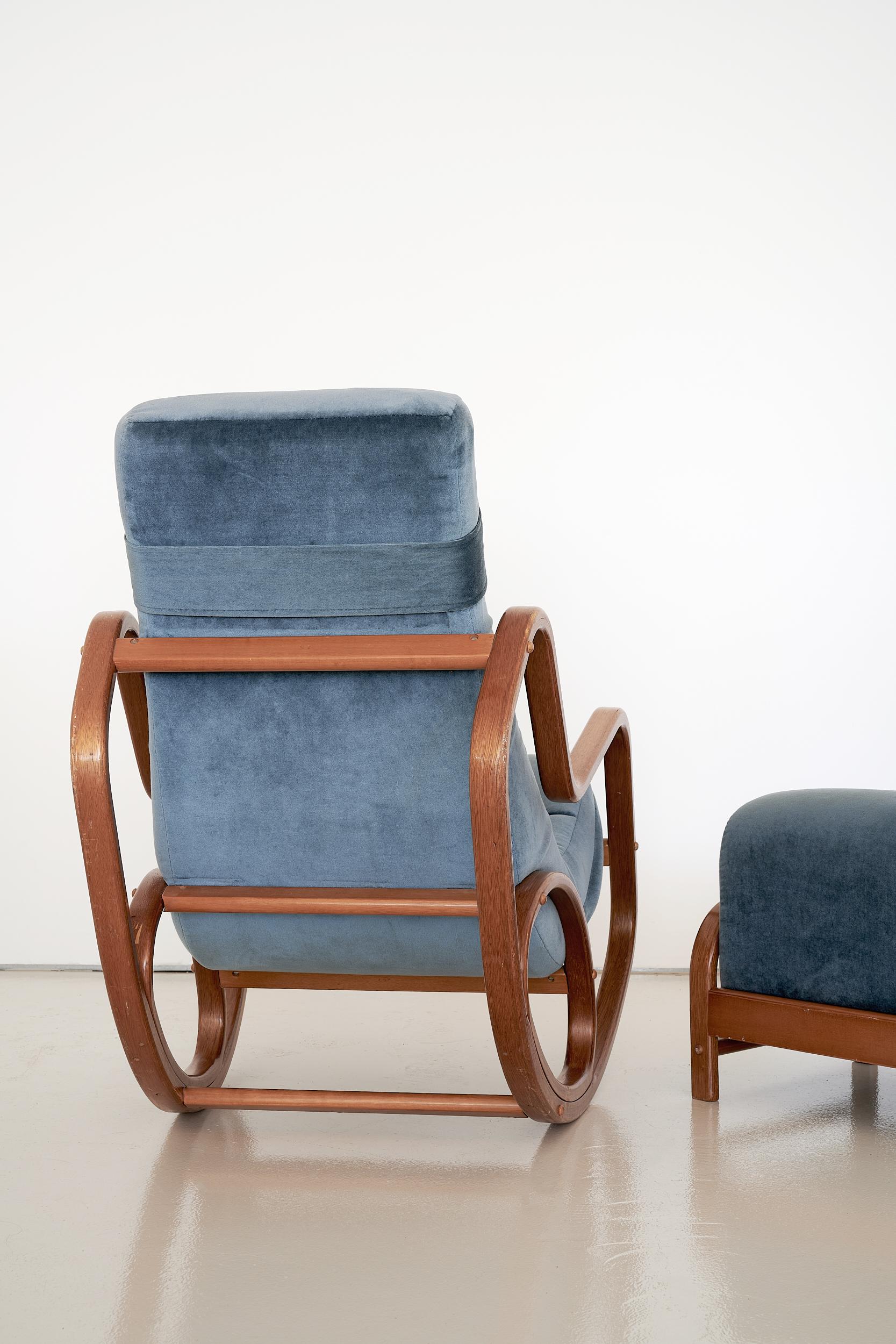 Space Age Vintage Velvet Bent Wood Rocking Chair and Ottoman by BioForm For Sale