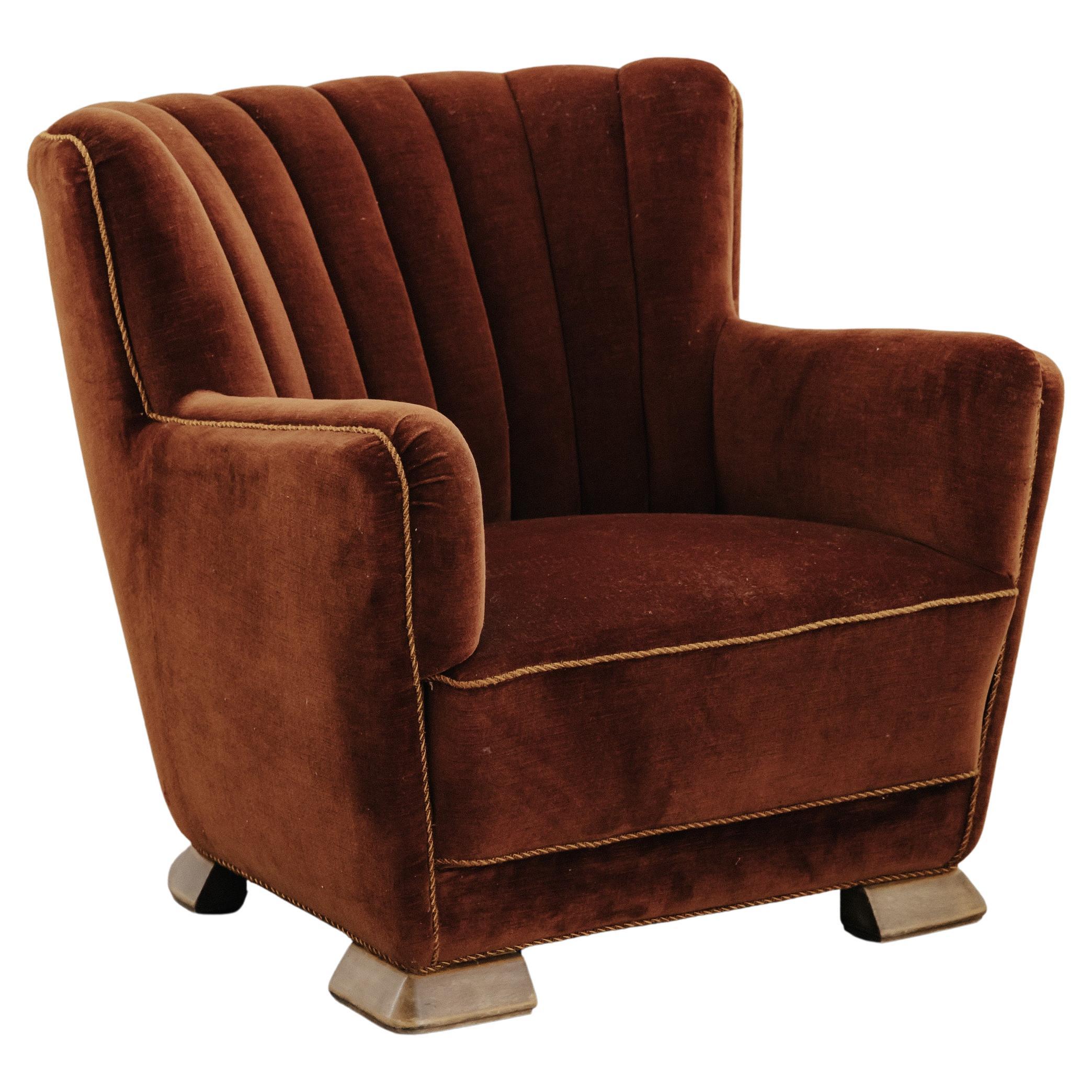 Vintage Velvet Cabinetmaker Lounge Chair From Denmark, Circa 1950