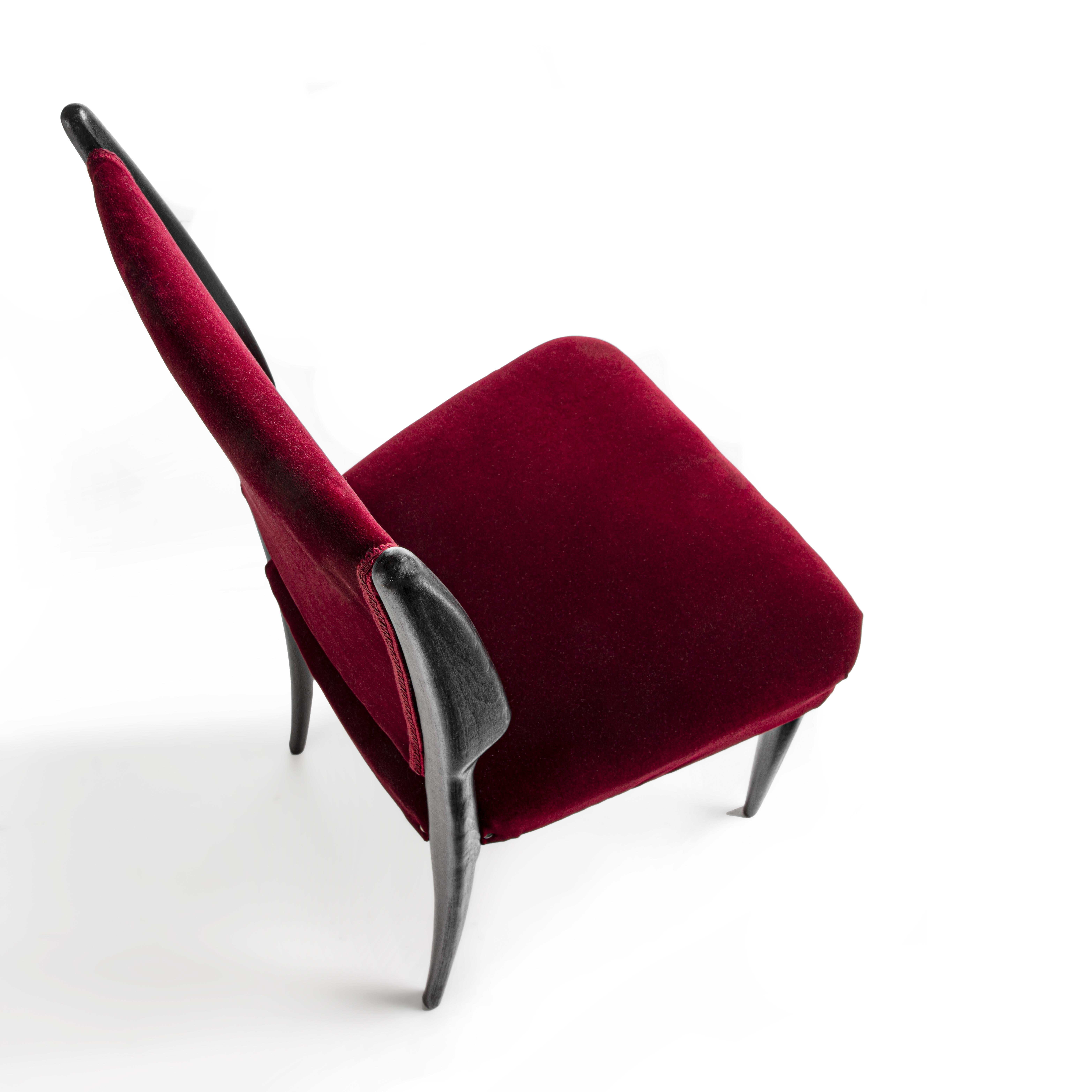 Mid-Century Modern Vintage Velvet Chair Bordeaux Red Black Wood For Sale