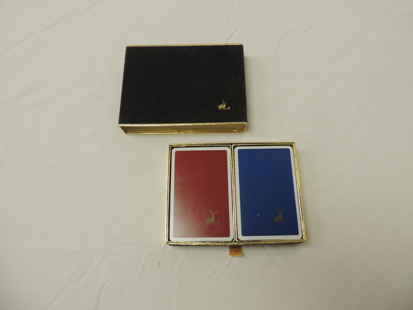 Vintage velvet covered playing card box.
Black box with gold edges, blue and red color playing cards.
Size: 4 x 5 x 1.