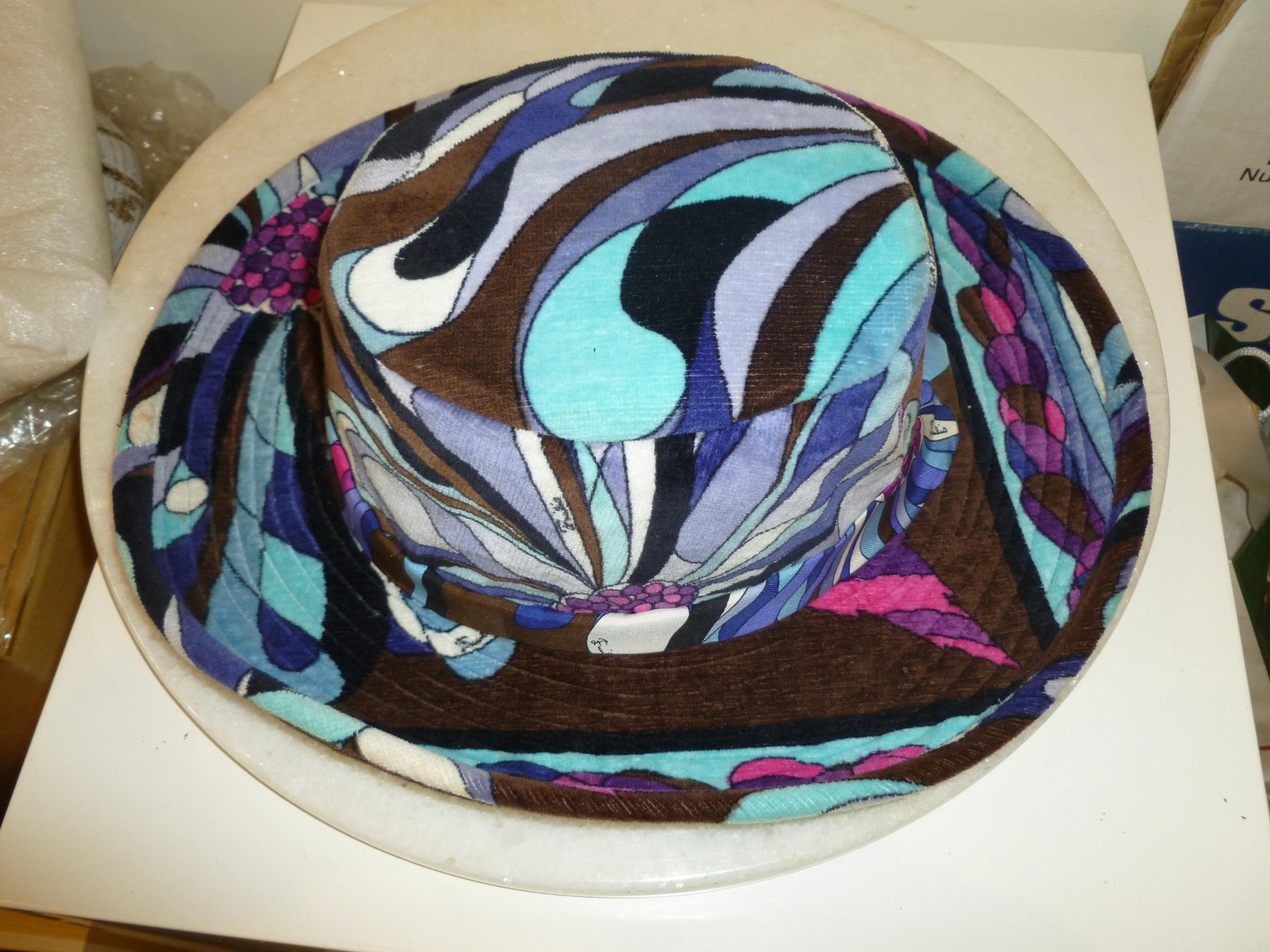 Emilio Pucci Multi Color Purple, Pink, Turquoise, Brown Velvet Hat Vintage 10