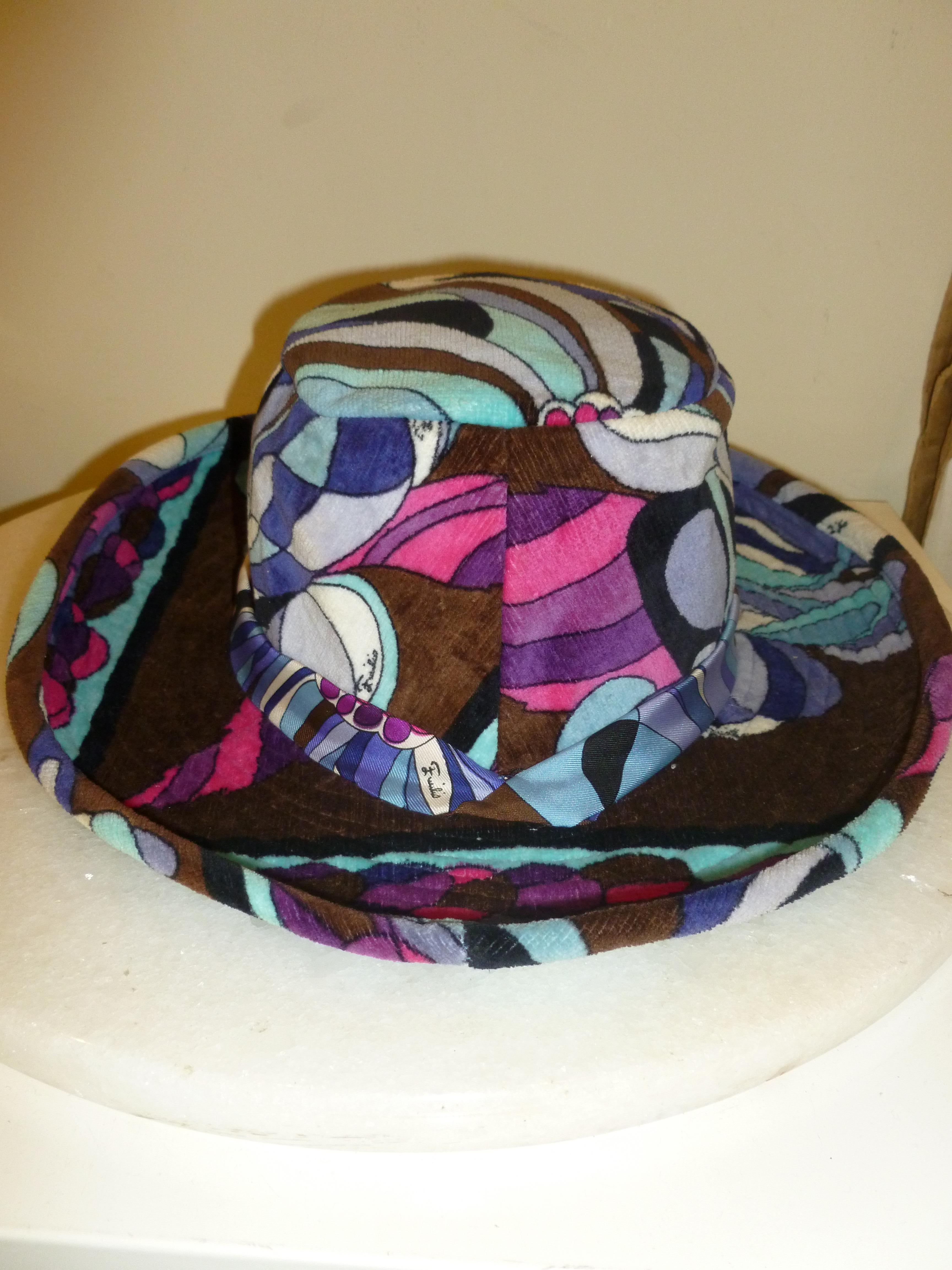  Emilio Pucci Multi Color Purple, Pink, Turquoise, Brown Velvet Hat Vintage 7